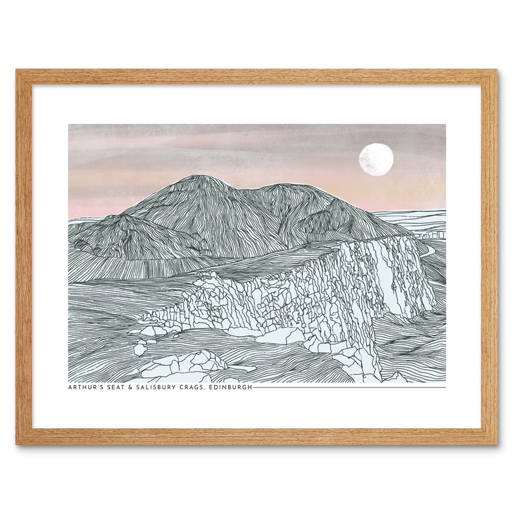 Wee Blue Coo Framed Light Oak 9X7 Arthurs Seat In Lines Artwork Framed Wall Art Print 9X7 Inch