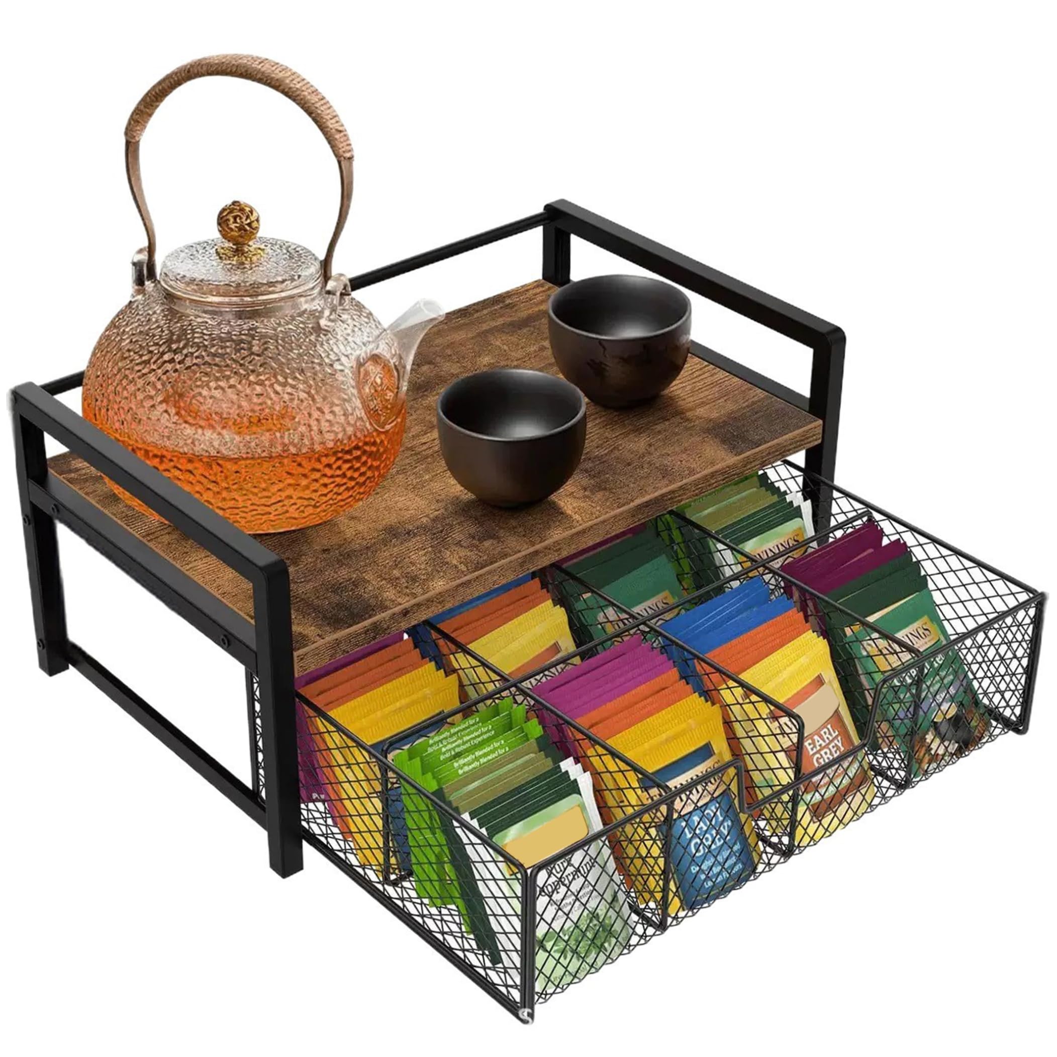 Ginwrek Tea Bag Storage Coffee Station Organizer, 2-tier Tea Bag Storage With Pull-out Drawer, Kitchen Countertop For Pods & Bags Tiger Wood & Black