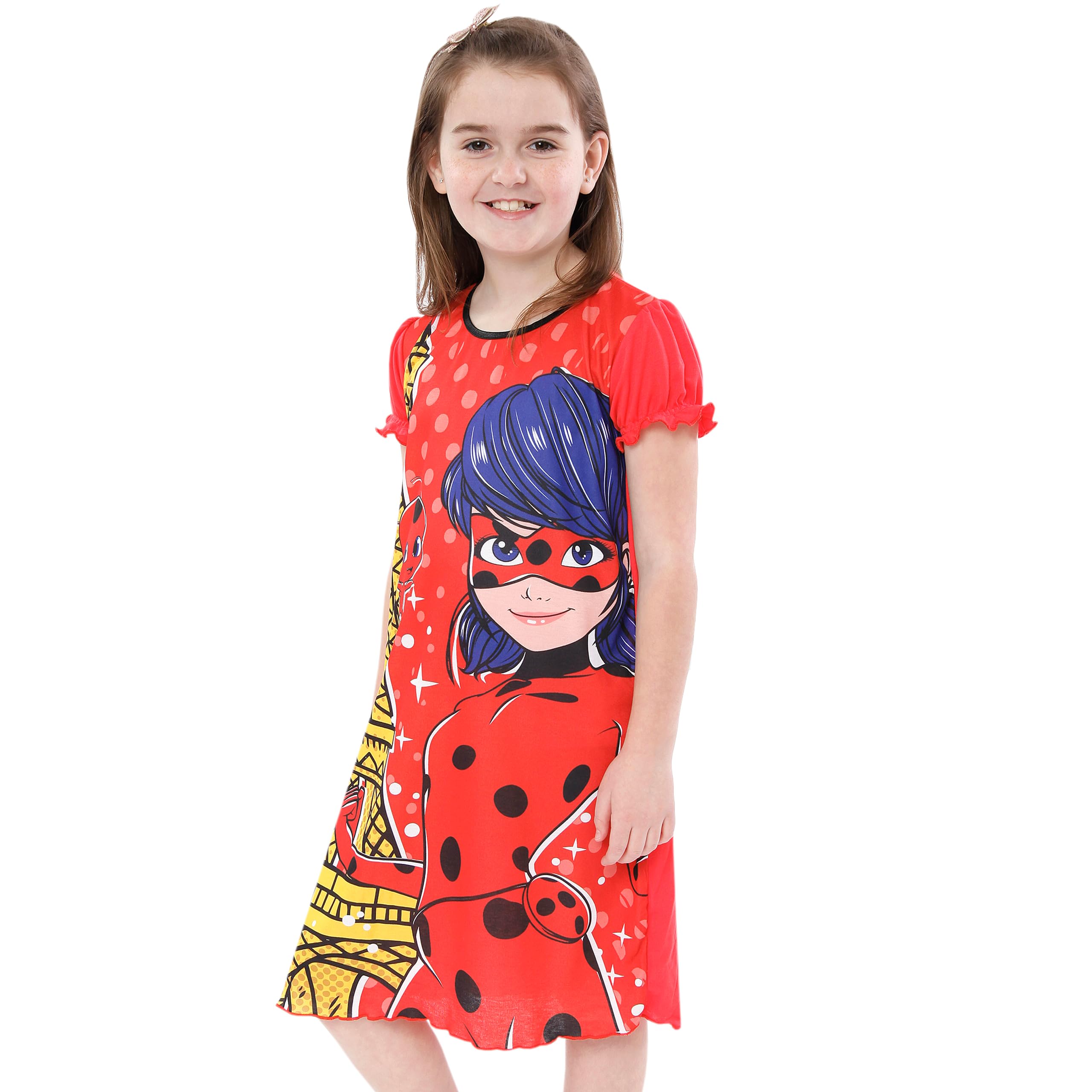 Chemise de Nuit miraculeuse, Chemise de Nuit à Pois pour Filles, Robe de Nuit Fille Tikki, Robe De Nuit Rouge À Manches Volantes