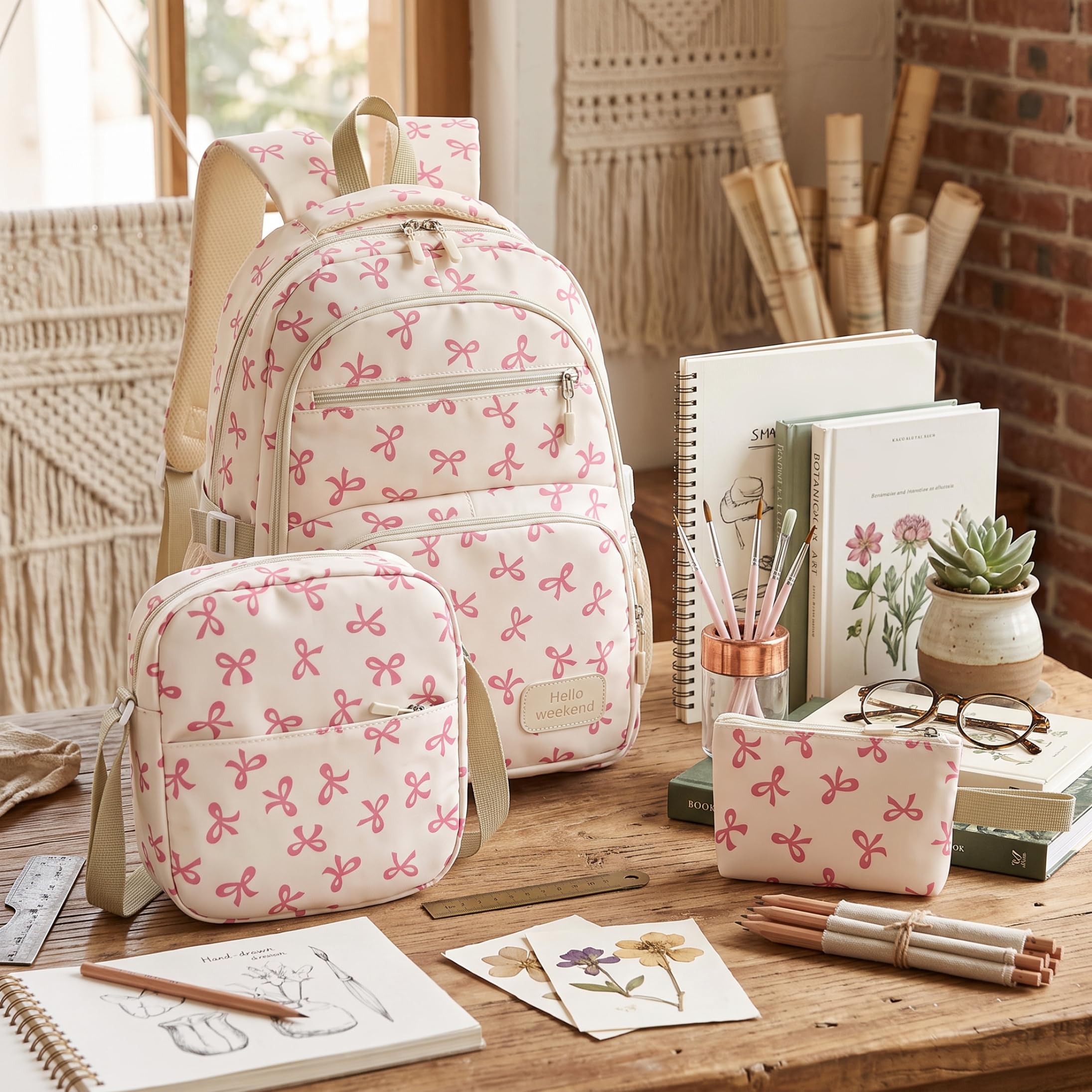 Borsa con fiocco per ragazze, set di borse leggere da 3 pezzi, bianco