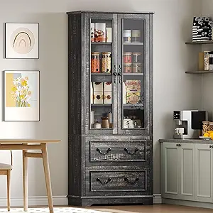 DWVO 76" Storage Cabinets, Freestanding Kitchen Pantry with Adjustable Shelves & Drawers, Farmhouse Glass Display Cabinets Tall Cupboard for Dining Room, Living Room, Dark Rustic