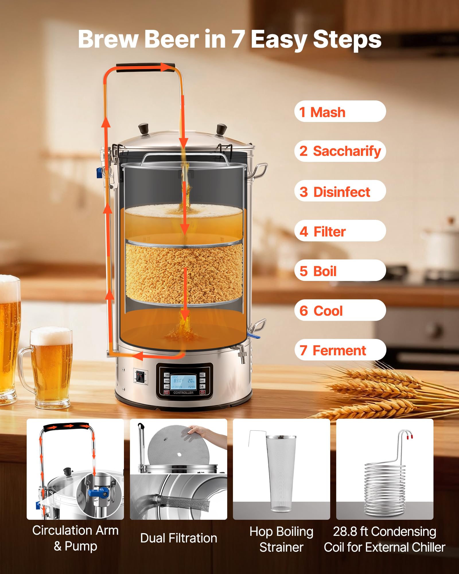 VEVOR Sistema per Produzione di Birra, Bollitore da 60 Litri per Uso Domestico, Pentola Elettrico per Produzione di Birra modalità Automatica/Manuale, Pannello di Controllo Tubo di Circolazione
