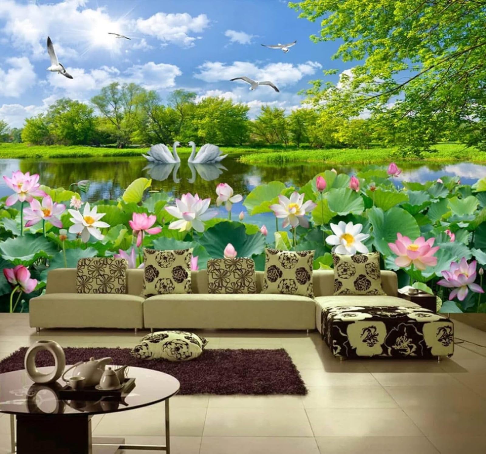 XLMING Fresh Lotus Swans Lakes Nature Scenery 3D Wallpaper Luxury Home Dining Decor Paste Sofa Living Room The Wall for Bedroom Mural-300cm×210cm