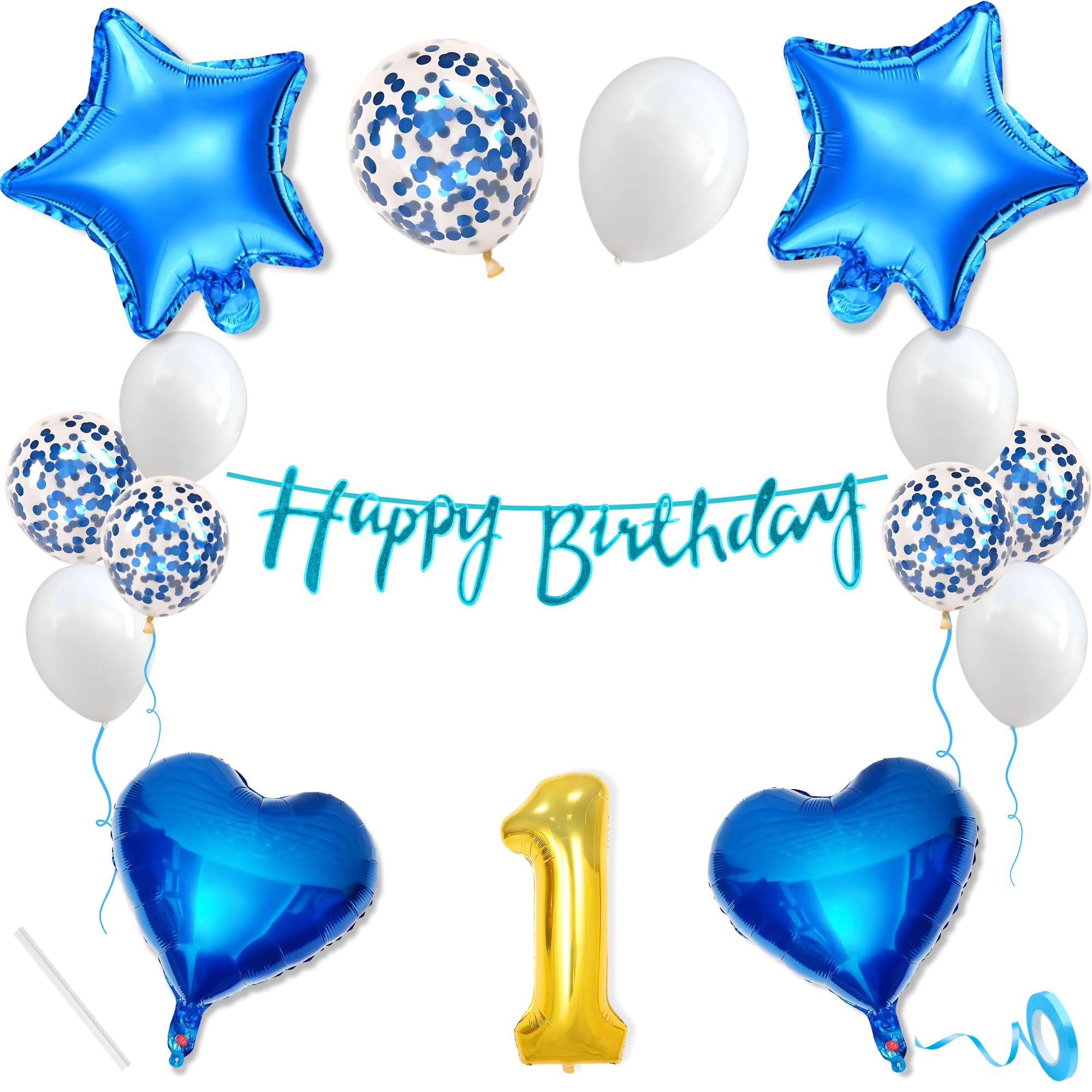 Happy Birthday Decoration Kit Blue White for Baby Boys Girls Kids Princess Men Women Husband Wife With 10 Pcs Confetti Balloons Birthday Banner 4 Pcs Star Heart Items Set