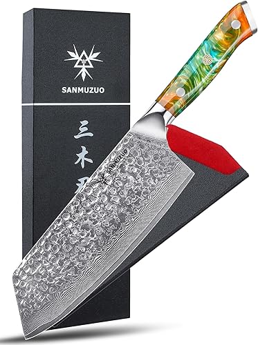 Cuchillo Nakiri de 7.5 pulgadas, cuchillo japonés Usuba, mango de acero y resina de Damasco martillado, serie YAO