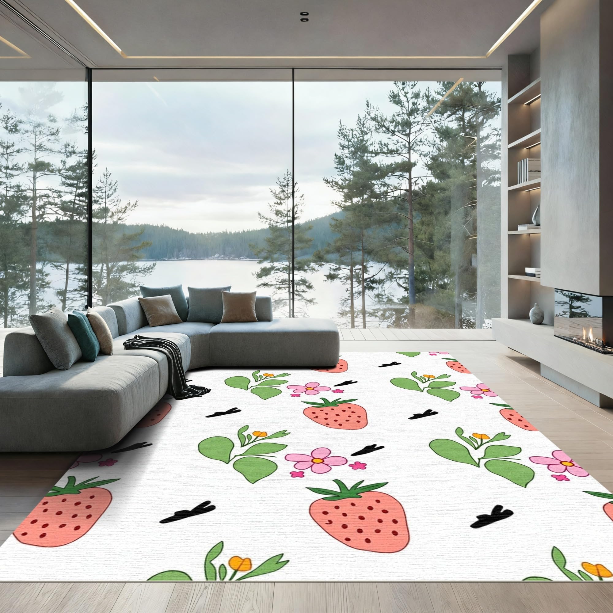 Flatwoven High Traffic Area Rug 5x7, Sweet Strawberry Reverie Design Featuring Floral Accents and Dreamy Pastel Hues, Non Slip, Stain Resistant, Washable Area Rugs for Living Room, Bedroom(Pink, 5x7)