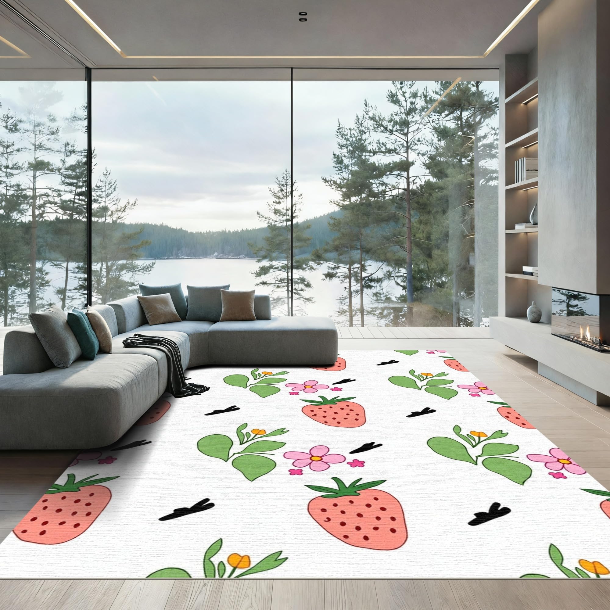 Flatwoven High Traffic Area Rug 5x7, Sweet Strawberry Reverie Design Featuring Floral Accents and Dreamy Pastel Hues, Non Slip, Stain Resistant, Washable Area Rugs for Living Room, Bedroom(Pink, 5x7)