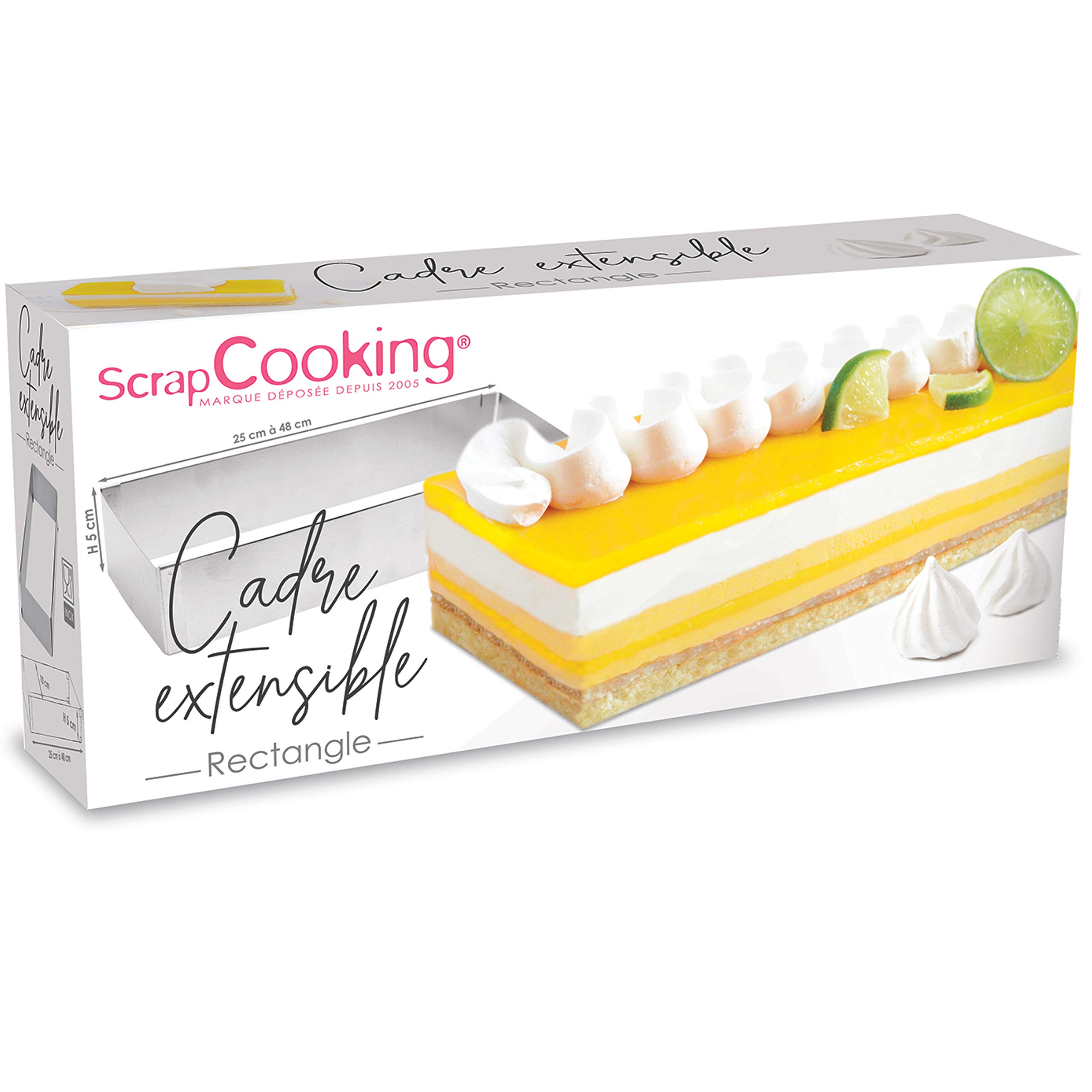 SCRAP COOKING 1916 Marco de repostería Extensible de Acero Inoxidable – Molde Rectangular de Longitud Ajustable de 25 a 48 cm – para Tartas, postres – Accesorio de pastelería, 18/10