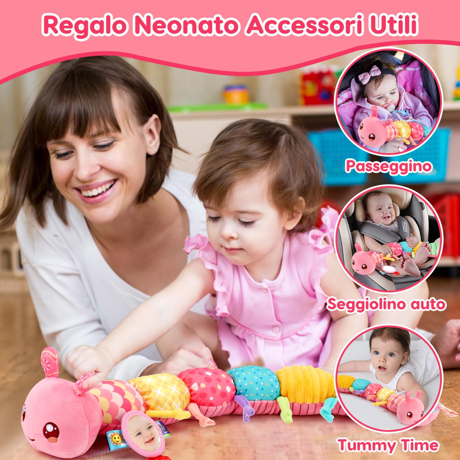 Giochi Neonato 0 3 6 9 Mesi, Giochi Montessori Sensoriali Musicali per Neonati 0-3-6 mesi, Peluche Tummy Time Regalo Neonato Maschio Neonata Femmina Giochi Nascita Bimba Bimbo (Rosa)