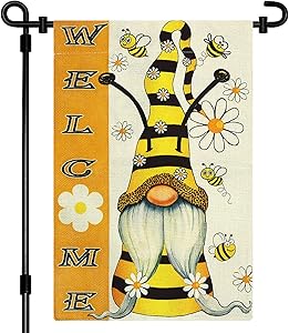 Summer Gnome Garden Flag, Double Sided Welcome Garden Flag, Gnome yard decorations, 12x18 Inch Bee Burlap Yard Flags for outside