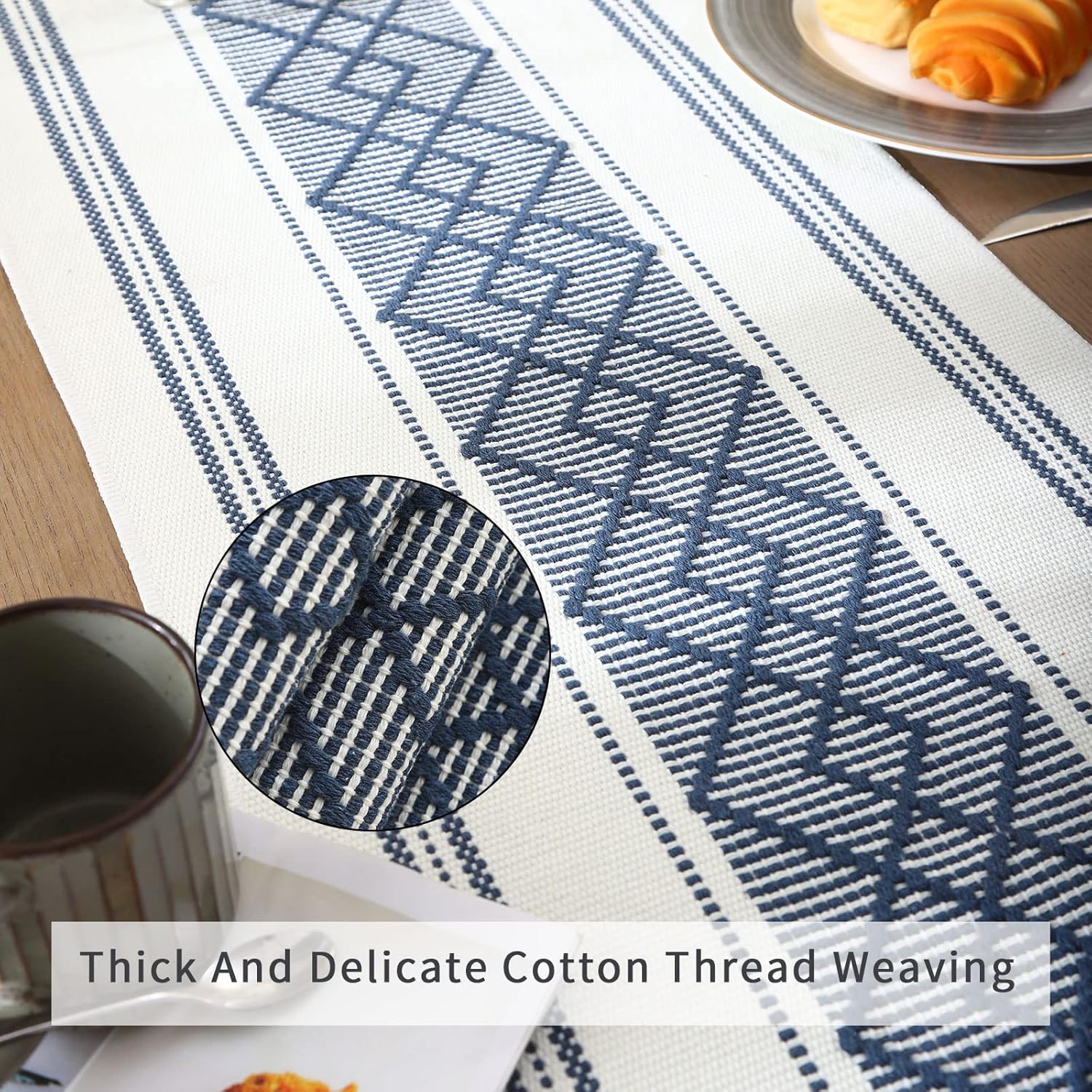 LUFEIJIASHI Woven Table Runner Farmhouse Style, Boho Table Runner 90 inches Long with Tassels, Elegant Washable Table Decor for Dining Room, Wedding, Holiday, Party (14.5x90 inch, Blue)