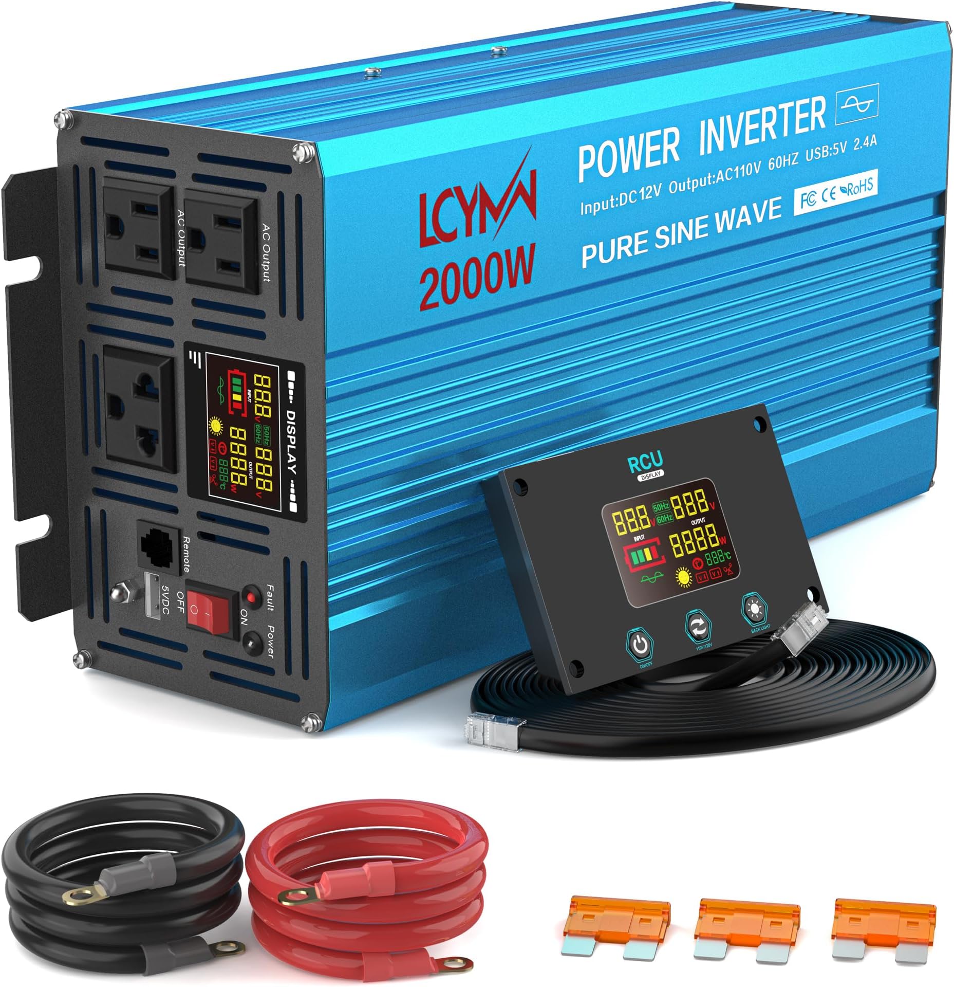 2000 Watt Inverter Pure Sine Wave DC 12V to 110V AC Power Inverters with 3 AC Charger Outlets, Car Inverter Solar Power Inverters for Vehicles Home with LCD Display and 2.4A USB Charging Ports