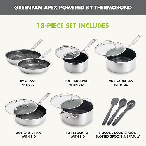 Miniatura 5 de GreenPan Hybrid - Juego de utensilios de cocina antiadherentes de acero inoxidable de 13 piezas, APEX Tri-Ply Thermobond PFAS, ollas y sartenes de