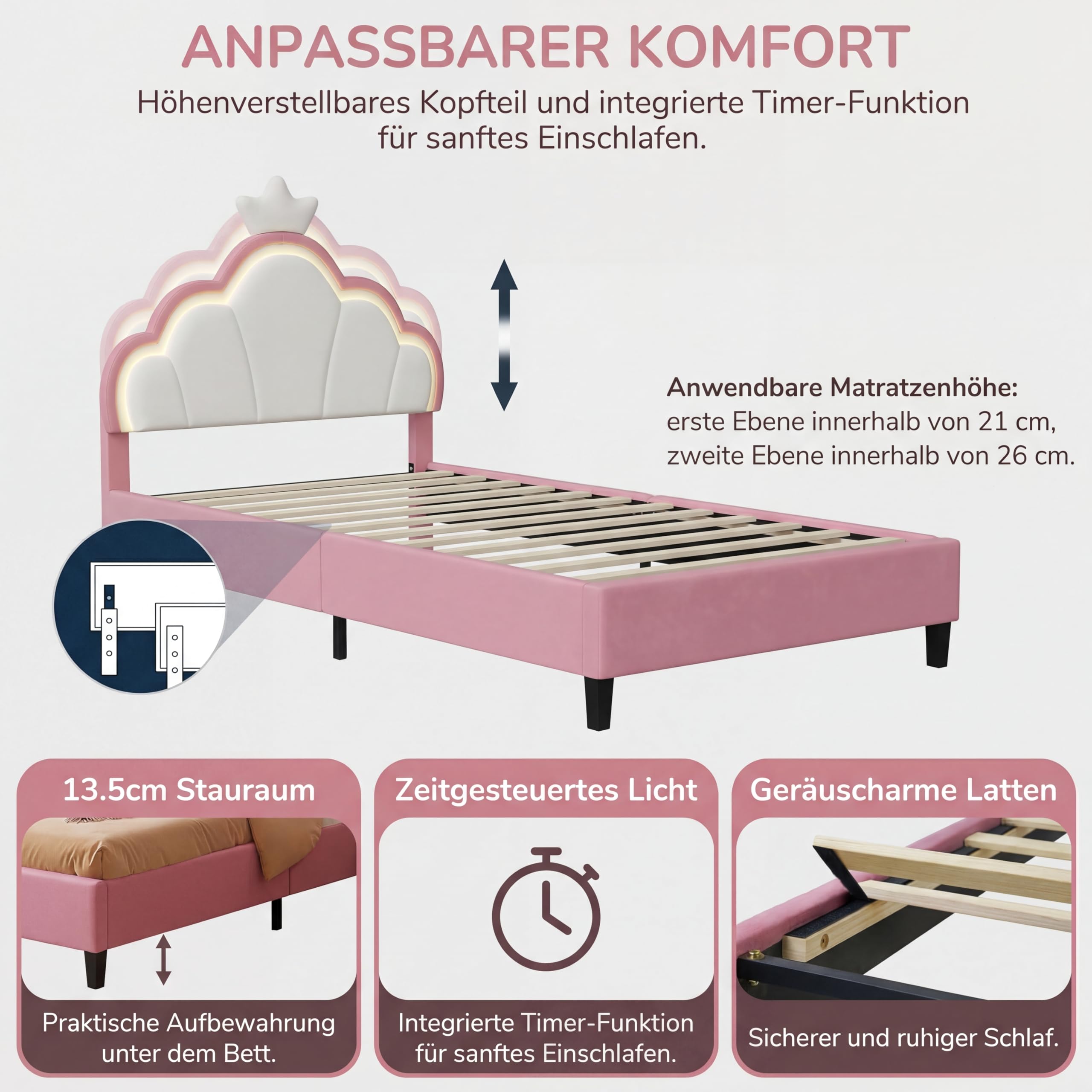 Polsterbett Kinderbett 90x200 cm, Mädchenbett Prinzessinnenbett mit LED, Höhenverstellbares Kopfteil, Einzelbett Bettgestell mit Lattenrost für Schlafzimmer, Loft, Samtstoff, Rosa