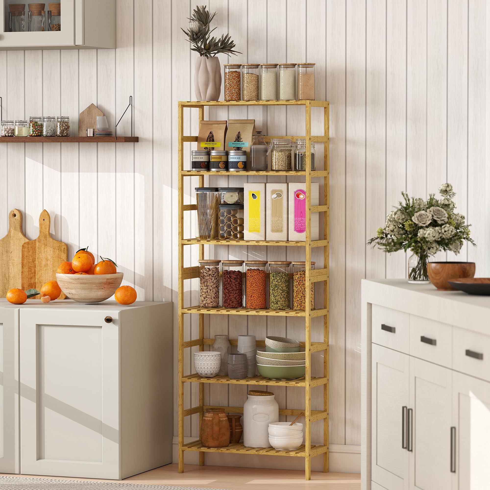 HOMCOM Scaffale Portaoggetti in Bambù a 6 Ripiani, Libreria Scaffale Moderno con Ripiani Regolabili, per Bagno, Soggiorno, Camera da Letto, Studio e Ufficio, Legno Naturale