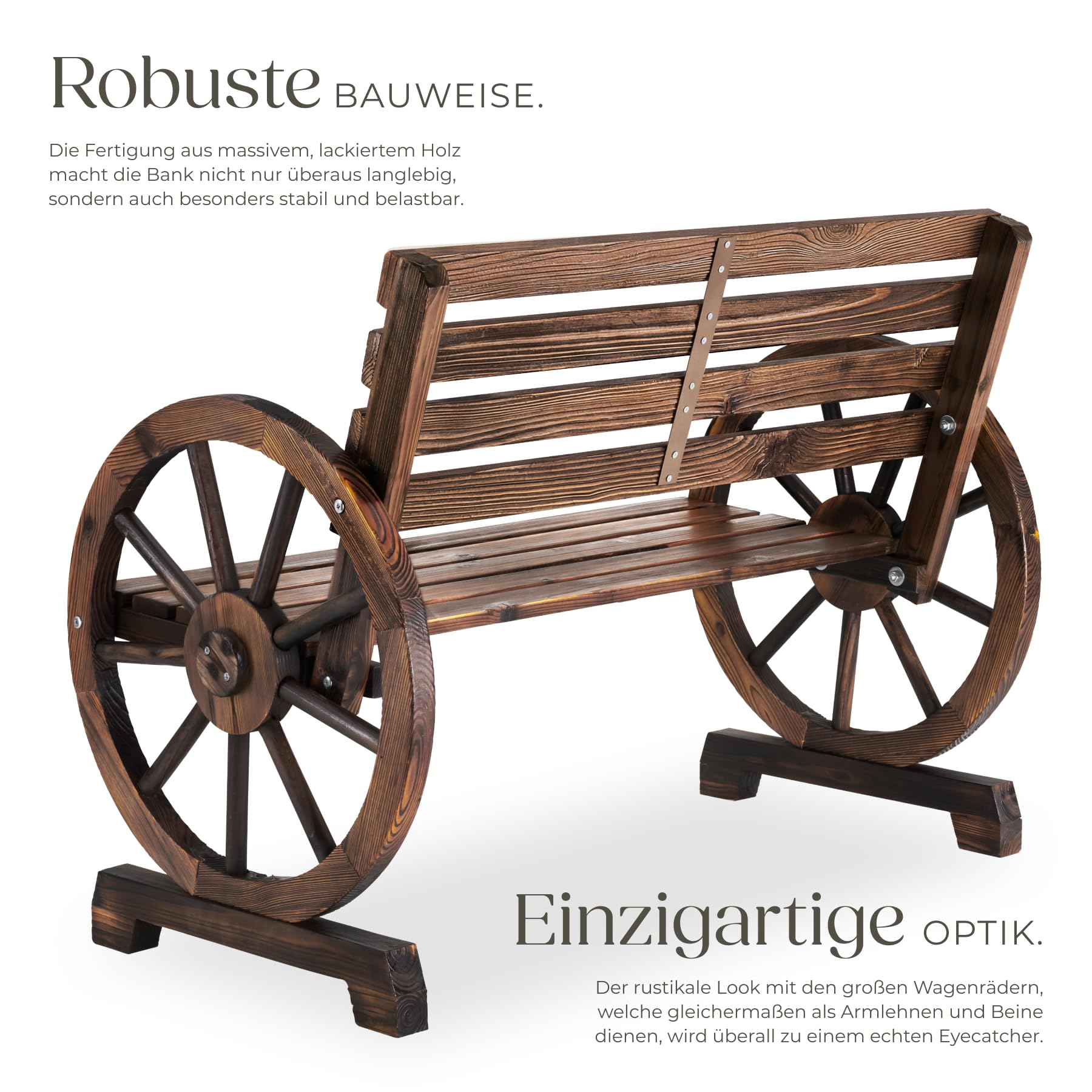 tectake® Gartenbank, 106 x 55 x 78 cm, geflammtes Massivholz | Belastbarkeit 320 kg, wetterfest, Wagenraddesign, hohe Rückenlehne, 2-Sitzer, Gartenholzbank, braun