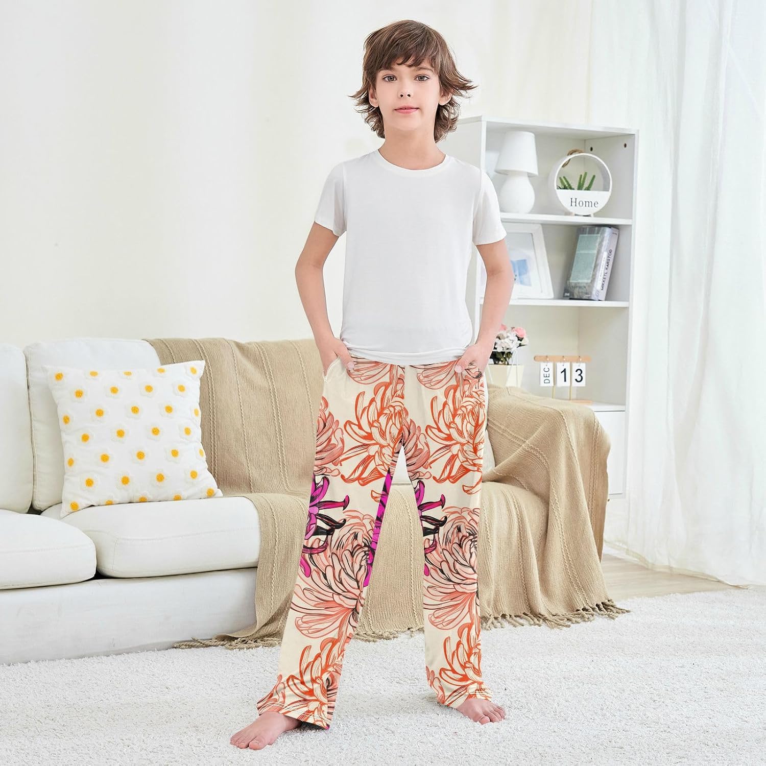 J JOYSAY Chrysanthemum Flower Sketch Beige Pajamas Pants Soft Long Pajama Bottoms Lounge Sleep Pants Size S-XL
