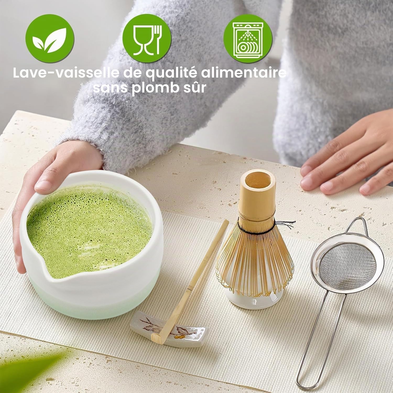 Kit Matcha Complet, 5 Pièces : Bol Matcha 550 ml, Fouet Matcha Bambou, Tamis, Support Matcha Fouet et Cuillère Matcha, Premium pour Maison, Bureau et Cadeaux