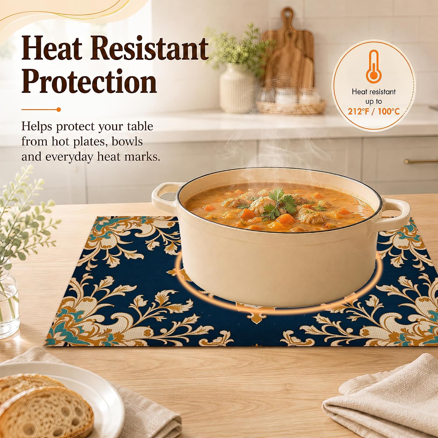 12 x 18 Inch Linen Placemats Set of 6, Blue Gold Moroccan Tile Table Mats, Washable Waterproof Stain Resistant Heat Resistant Reusable Place Mats for Kitchen, Dining Table, Home Party Decor image 3