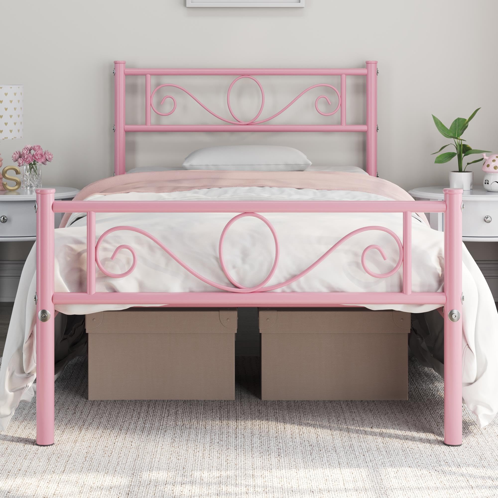 Yaheetech 3ft Single Metal Bed Frames Platform Bed with Scroll Design Headboard and Footboard,Ground clearance: 32 cm/Pink