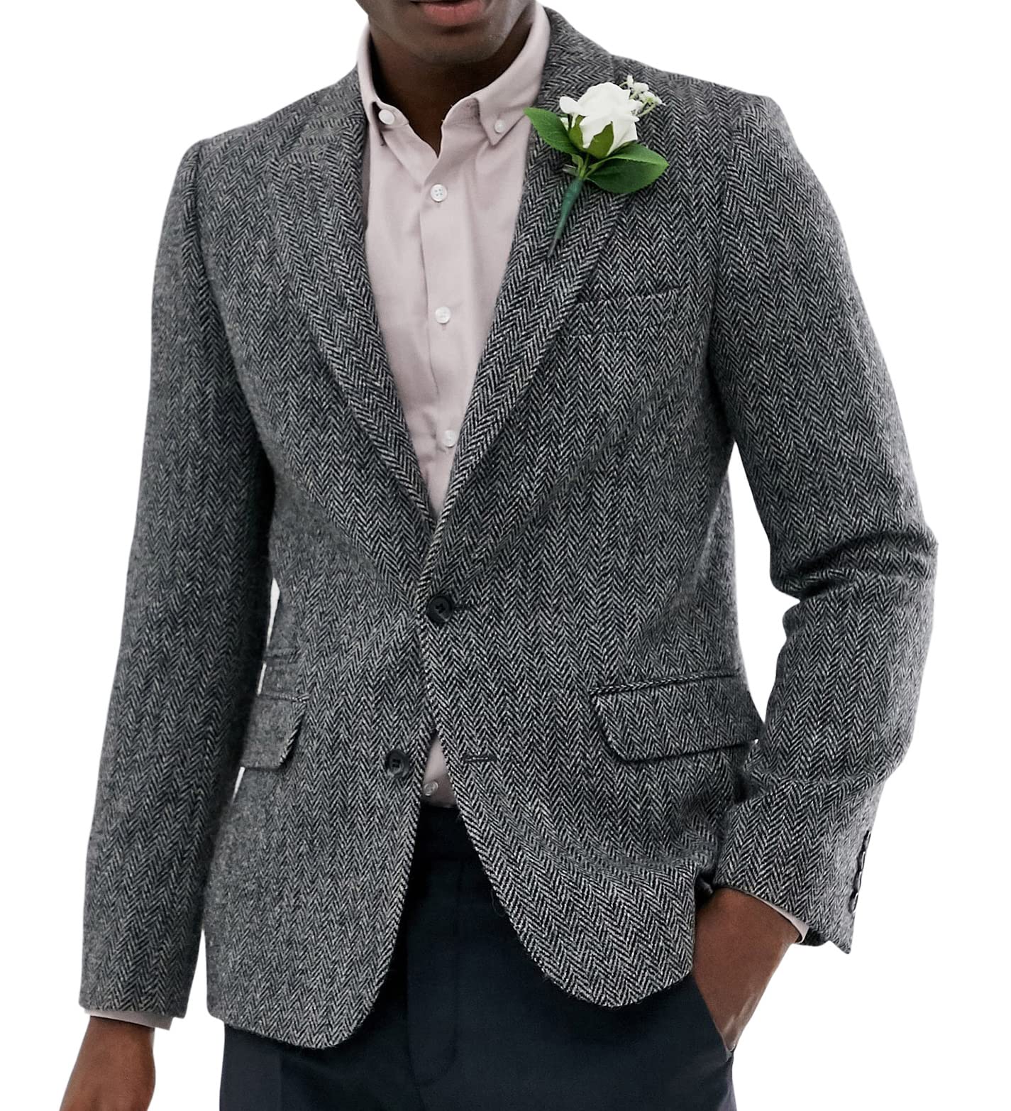 Solovedress Men's Classic Herringbone Blazer Tweed Coat Tuxedos Suit Jacket For Wedding Groomsmen(Grey,XL)