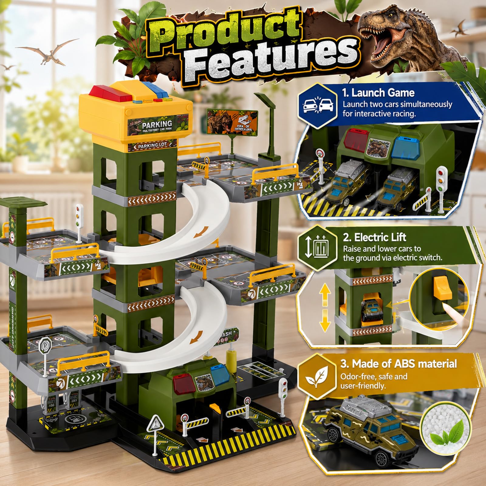 5 Stockwerke Parkgarage für Kinder, Dinosaurier-Thema Spielzeug Parkhaus mit 12 Autos und 1 Hubschrauber für Kinder, Parkhaus mit Aufzug, Geschenke für 3-9 Jahren