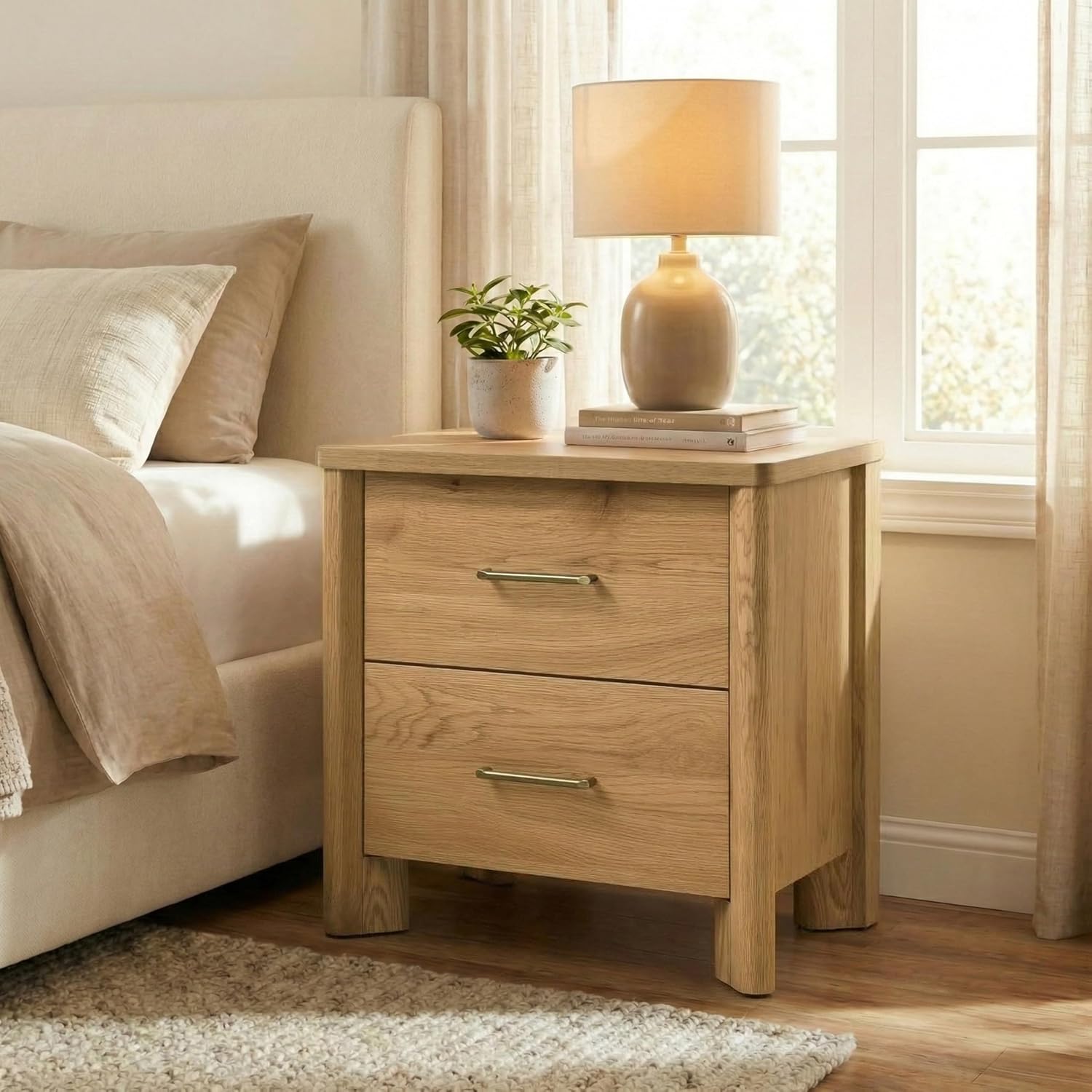 24/7 Shop at Home Sawer Modern 23-inch Wood Nightstand with 2 Drawers and USB Ports, Wooden Night Stand for Bedroom, Apartment, Small Bedside Table, Oak