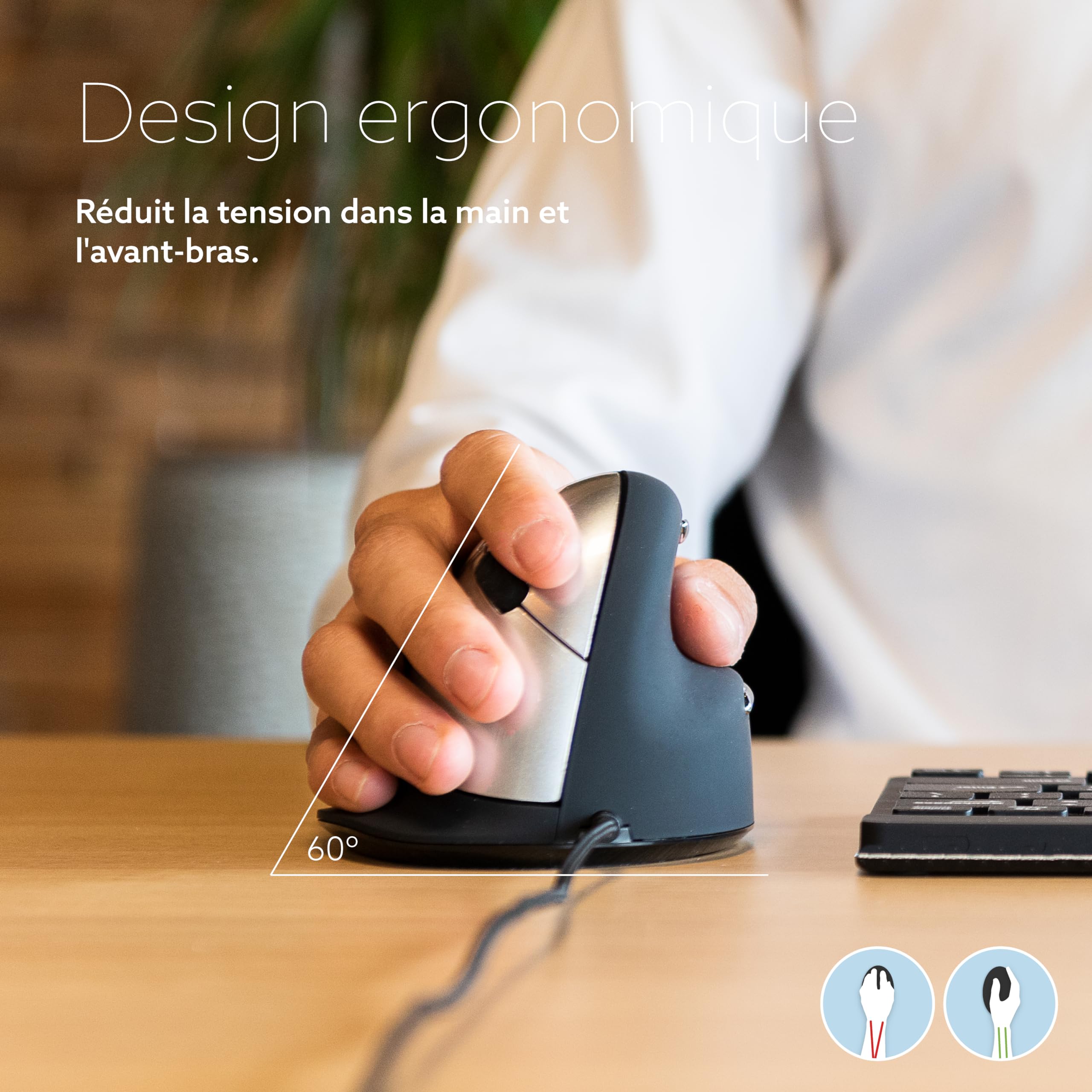 R-Go He Souris Ergonomique Filaire, Grande Taille, Souris Verticale, Anti-Tendinite, 3500 DPI réglable et 5 Boutons, Compatible avec Windows/Mac/Linux, Noir