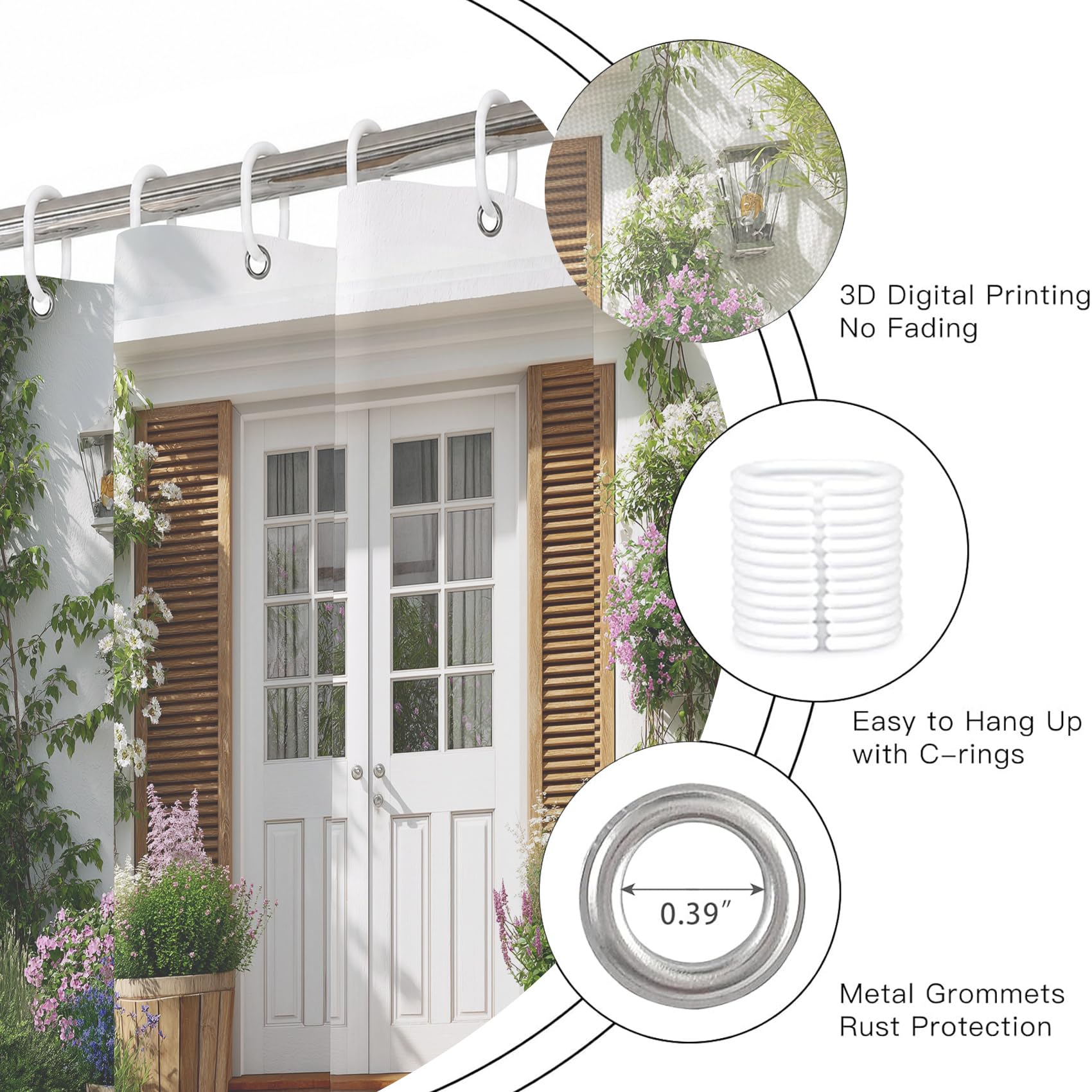 Extra Breit Duschvorhang Blühender Hauseingang 240x200 cm, Waschbar Duschvorhänge Ländliche Gartenszene, Wasserabweisend Polyester Stoff mit Haken, Dekor Badezimmervorhang für Badewanne Dusche 7Pf38