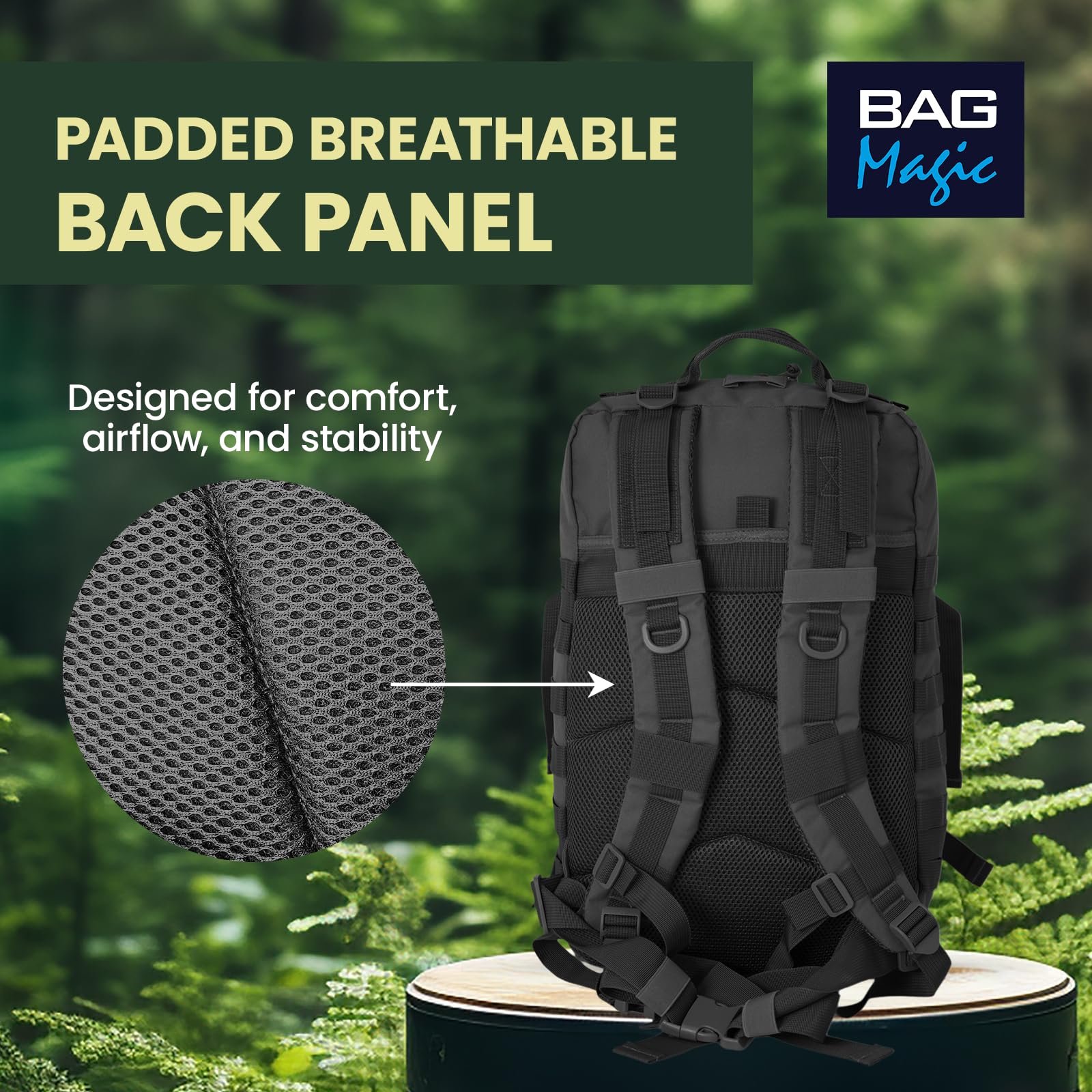 Military Tactical Backpack 21L – Heavy Duty Multi-Pocket MOLLE Rucksack with 180° Opening, Padded Breathable Back Panel, Adjustable Straps & Durable Zip Storage for Travel, Gym & Outdoor Use – Black - 5