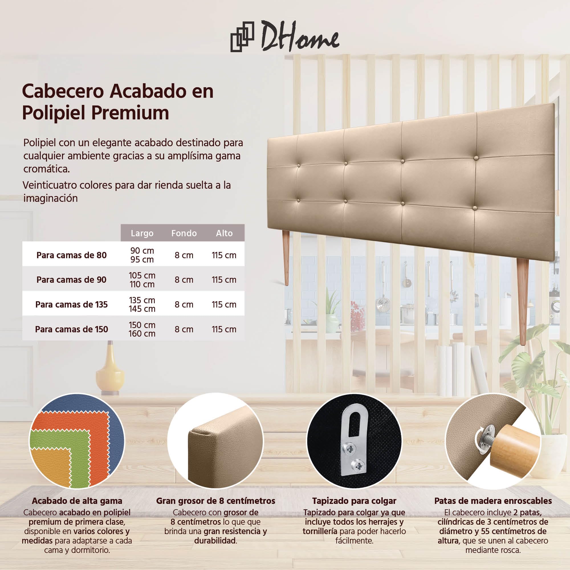 DHOME Tête de lit Capitone capitonnée Acualine en Simili-Cuir ou Tissu avec Pieds en Bois de pin Epaisseur 8cm Têtes de lit Capitone capitonnées capitonnées (Similicuir Champagne, 160 (150/160))
