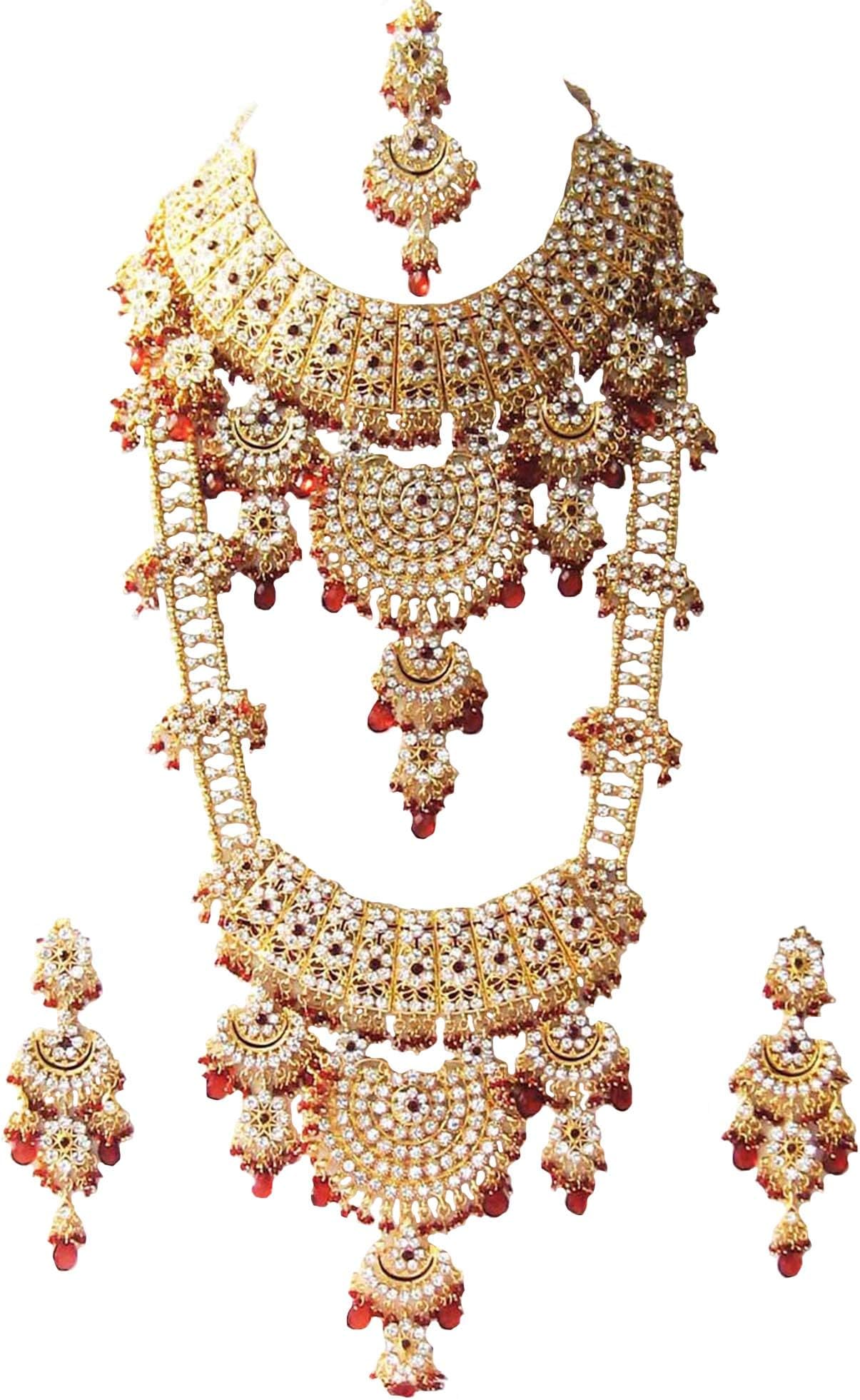 Kundan Zircon Indian Bridal Wedding Designer Gold Plated Complete Dark-Red Color Necklace Jewelry Set