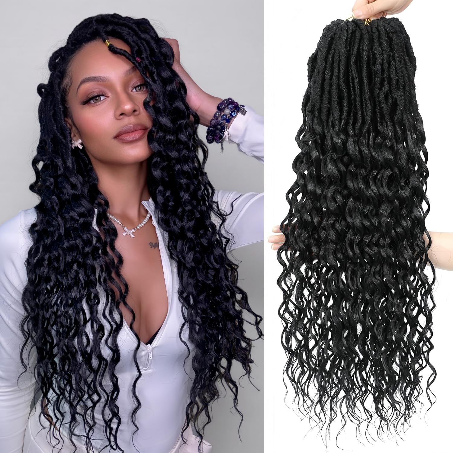 Deep Faux Locs Crochet Hair for Women Goddess Locs Crochet Hair Faux Locs with Curly Ends Boho Faux Pre Looped Deep Wavy Synthetic Hair Extension 18
