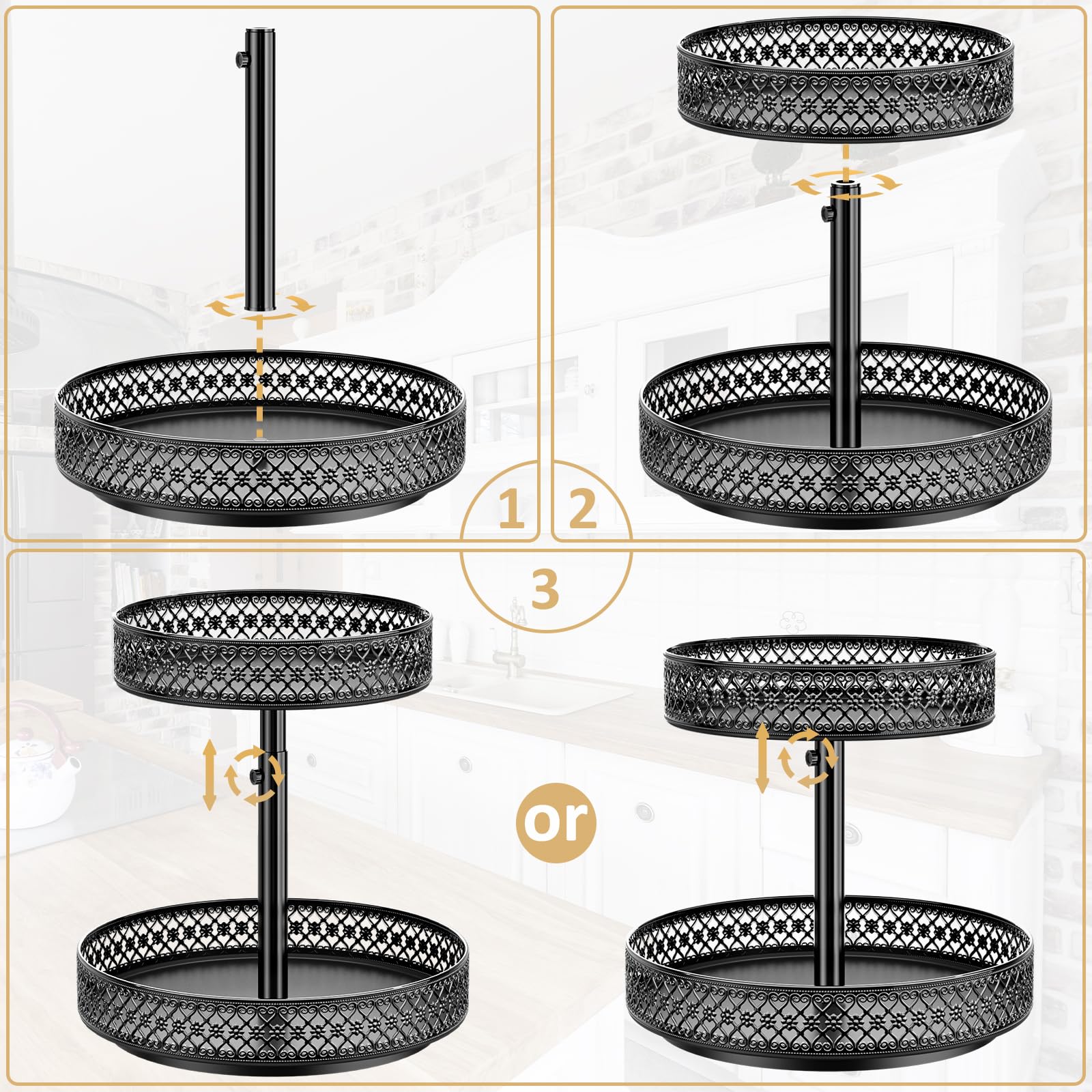 Especiero Lazy Susan 2 niveles 360°, organizador giratorio de metal 30 cm | Bandeja giratoria floral para especias y objetos pequeños. Ideal para cocina, despensa, nevera, baño y mesa.
