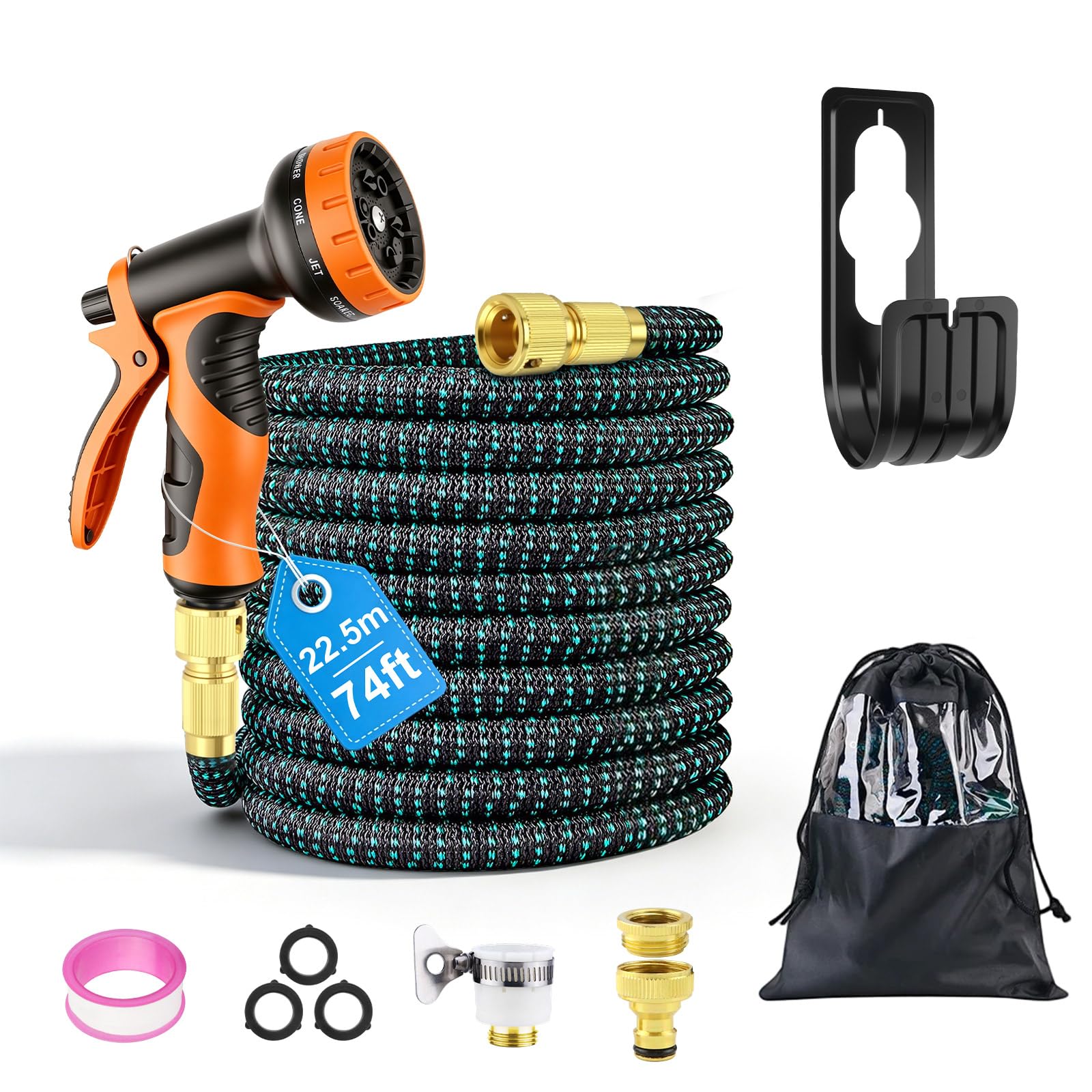 Flexibler Gartenschlauch 22,5m, Wasserschlauch mit 10-Funktions-Sprühdüse, 3-lagiger Latex & 3300D Gewebe, Anti-Knick, inkl. Messingadapter (1/2" & 3/4") und Universaladapter, Tasche & Haken