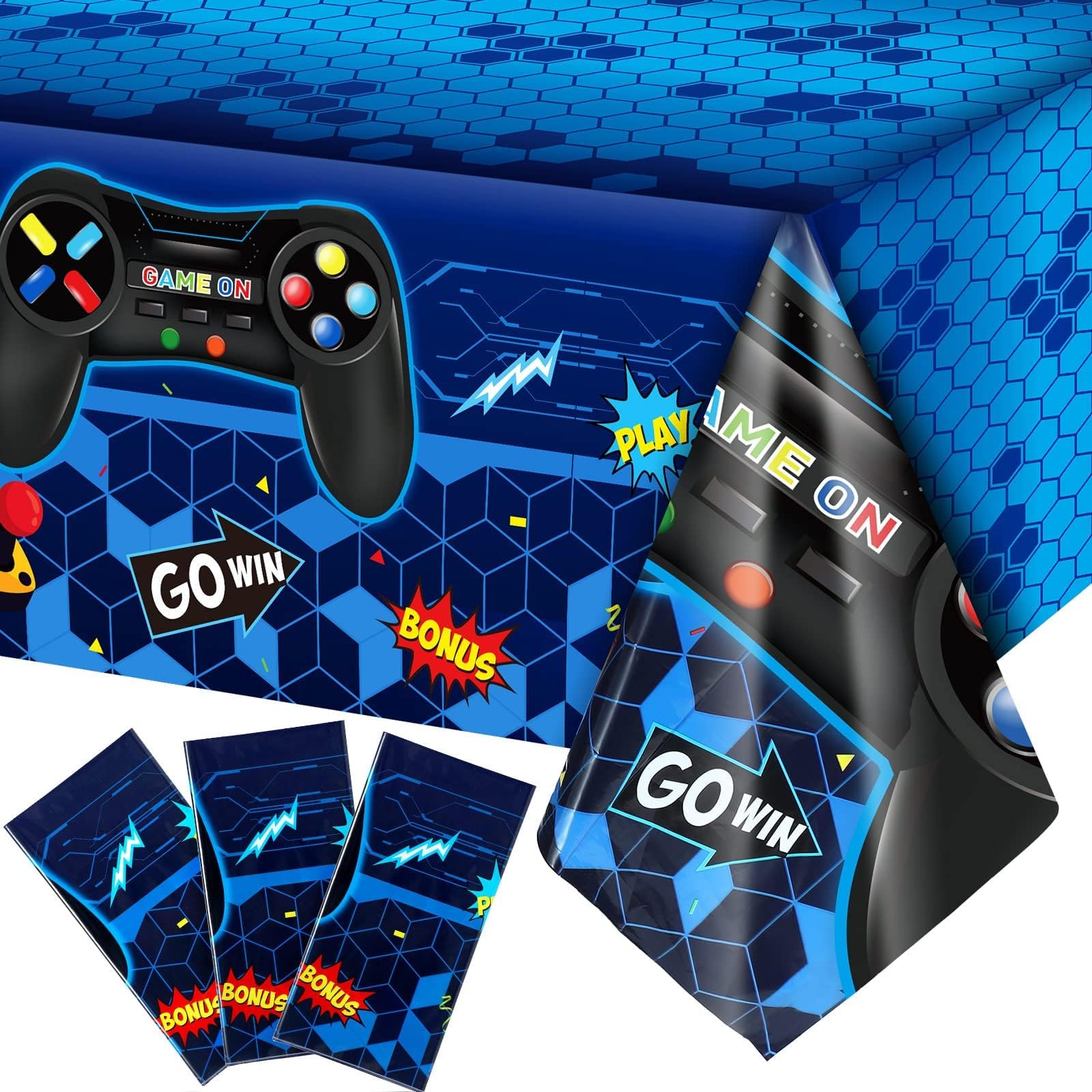 Excefore 3 PCS Video Game Table Cover Video Game Birthday Decoration Game Theme Plastic Table Cloth Party Supplies for Boys Girls Kids Player Geek Party Decorations, 54 x 108 Inch (Classic Blue)