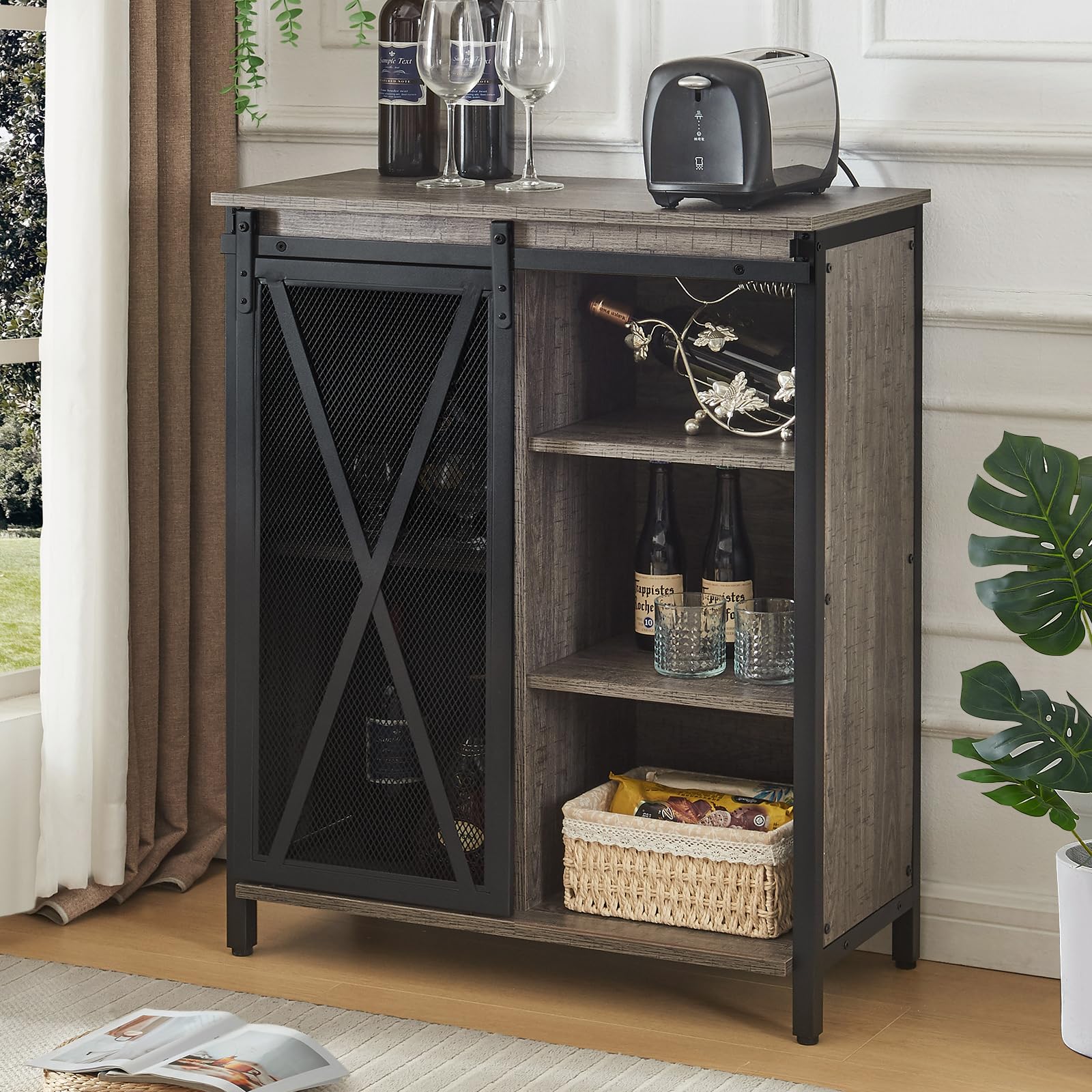 HOMISSUE Coffee Bar Cabinet, Small Liquor Cabinet bar with Sliding Barn Doors, Industrial Sideboard Buffet Cabinet with Storage, Coffee and wine Bar for Kitchen Dining Room, Living Room, Entryway,Grey