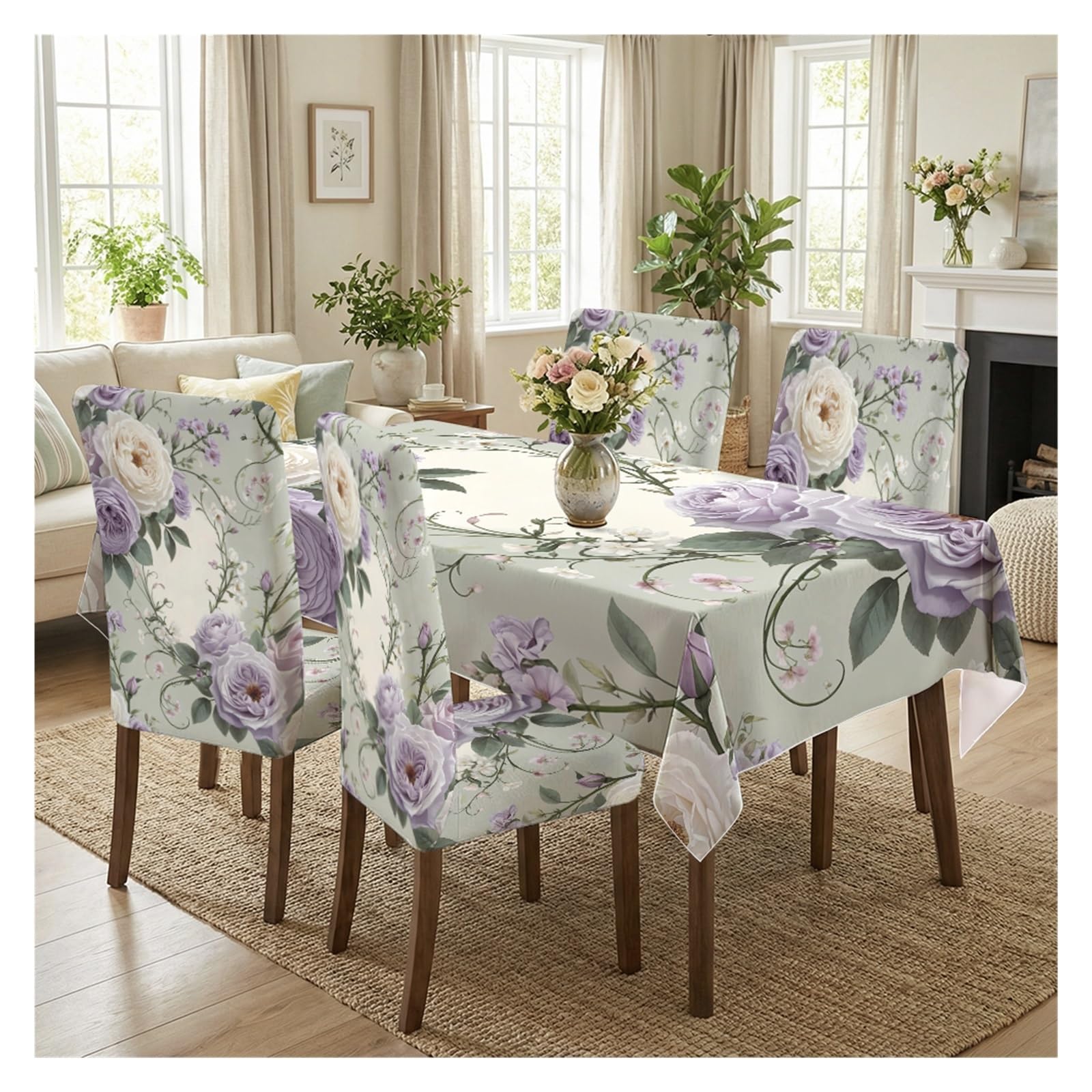 BOSUYBN Light Green Base Purple Rose Vine Floral Printed Dining Tablecloth & Chair Covers Set, 5/7 Piece Soft Romantic Cottage Home Decor Table Setting(5pcs Set: Tablecloth+Chair Covers)