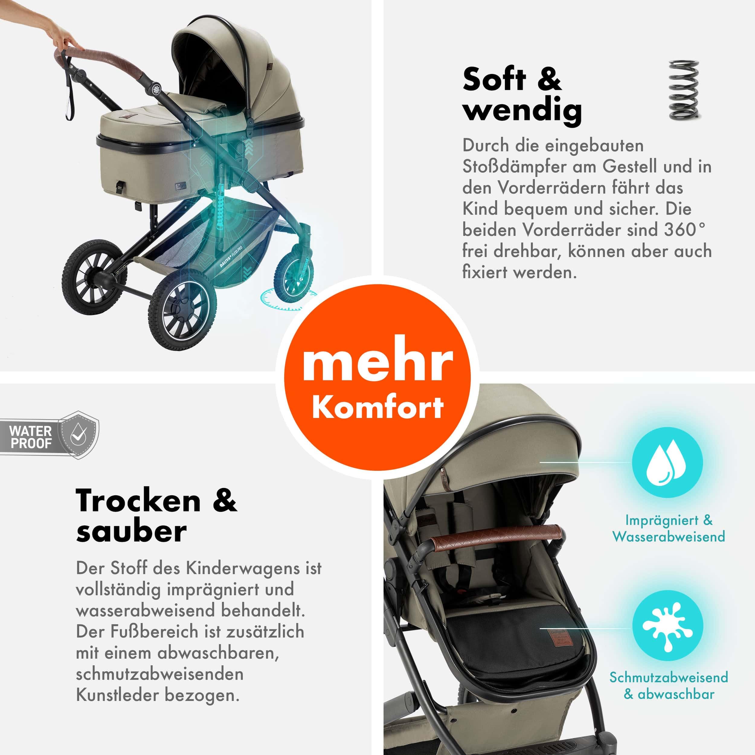 Daliya® FLEXI-PRO M 3in1 Kinderwagen & Buggy mit i-Size Babyschale, Viel Zubehör (Beige)