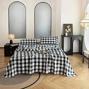 EVERLY Linen Sheets Set Full Size,100% French Stonewash Pure Linen Sheets Set,4Pieces (1Flat Sheet,1Fitted Sheet,2Pillowcase) Suitable for Hot Sleepers,Deep Pocket Natural Bedding Set-Black Plaid