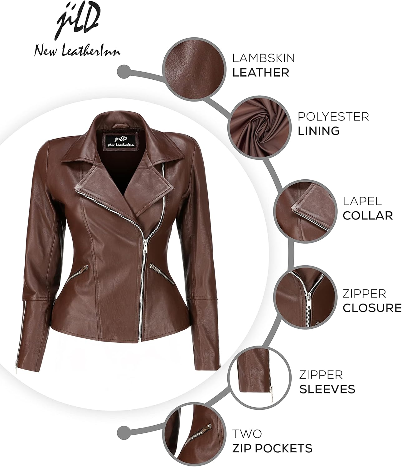 Jild Women's Asymmetrical Zip-Up Real Lambskin Leather Motorcycle Jacket - Casual Fashion Moto Biker Leather Jacket Women - Image 3