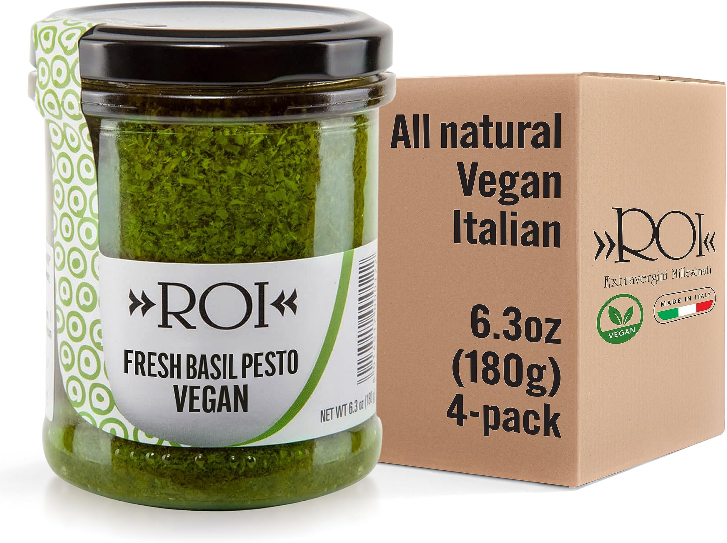 ROI Vegan Pesto Sauce - Fresh Ligurian Basil Pesto Made of Genovese DOP basil and EVOO - Gluten Free, Keto Friendly, Non-GMO, Made In Italy - 6.3 oz (180 g) - Pack of 4
