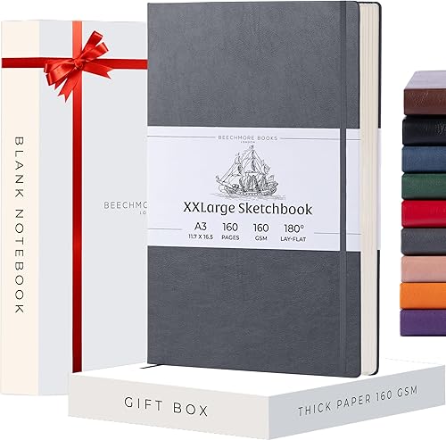 BEECHMORE BOOKS Cuaderno de bocetos de arte, tamaño A3 extragrande, 160 páginas de 11.7 x 16.5 pulgadas, bloc de bocetos de cuero de tapa dura para