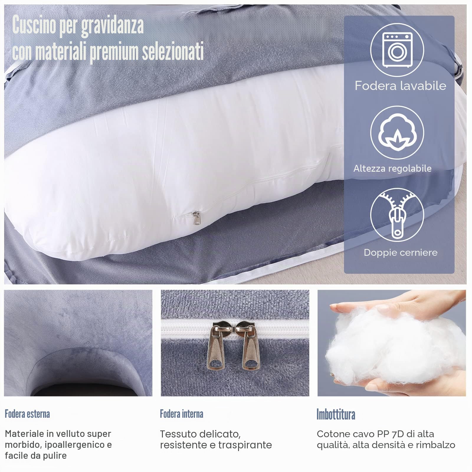 Labtec Cuscino gravidanza per dormire, Cuscino di velluto a U per l'allattamento, Cuscino per tutto il corpo, fianchi di maternità, gambe, pancia per la gravidanza e cuscino di supporto alla schiena