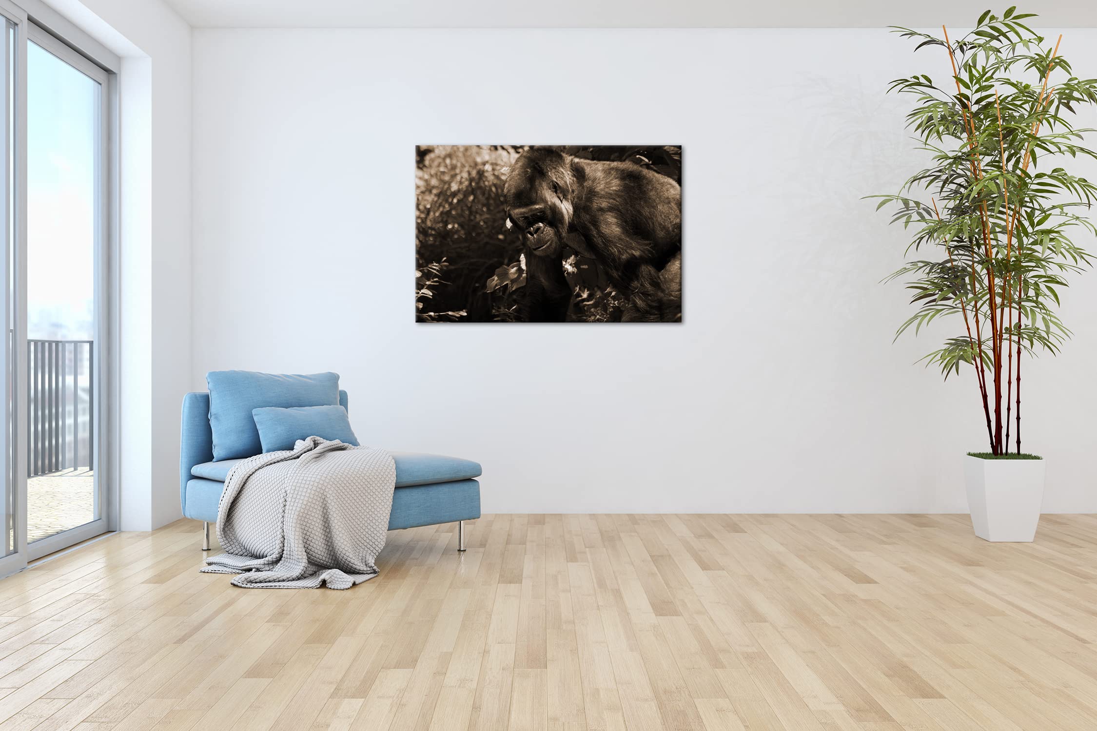 Grande formato Gorilla Formato: 120 x 80 Effetto: Seppia su tela, motivo già incorniciato su cornice in vero legno, stampa digitale di alta qualità, senza poster o manifesto