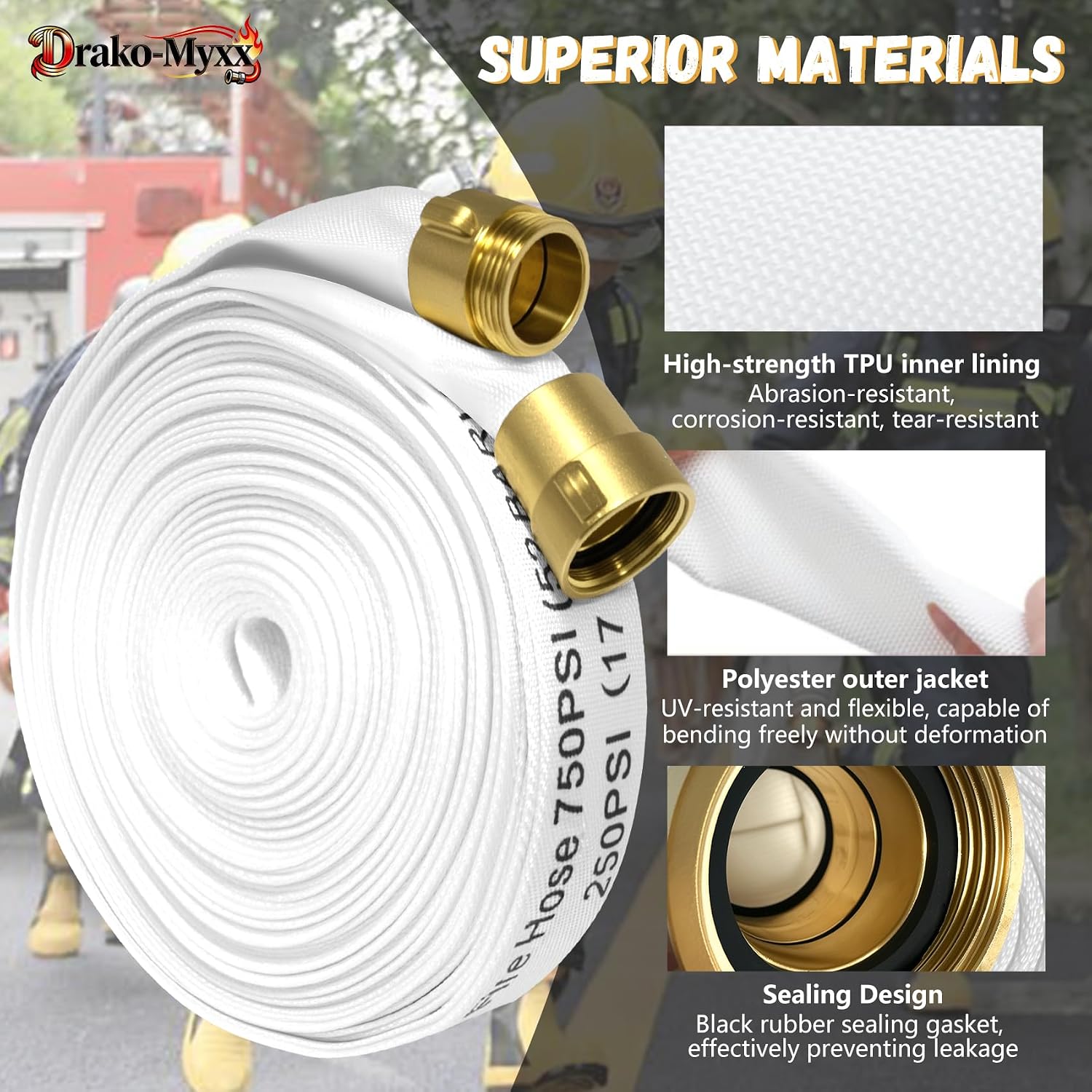 2026 Upgrade Fire Hose, 1-1/2”ID x 100 ft. Extra-long Single-Jacketed TPU Fire Hose, Brass NST/NH Fittings, 750 PSI Burst Pressure, for Long-Distance Fire Fighting in Farms/Woodlands/Industrial Parks