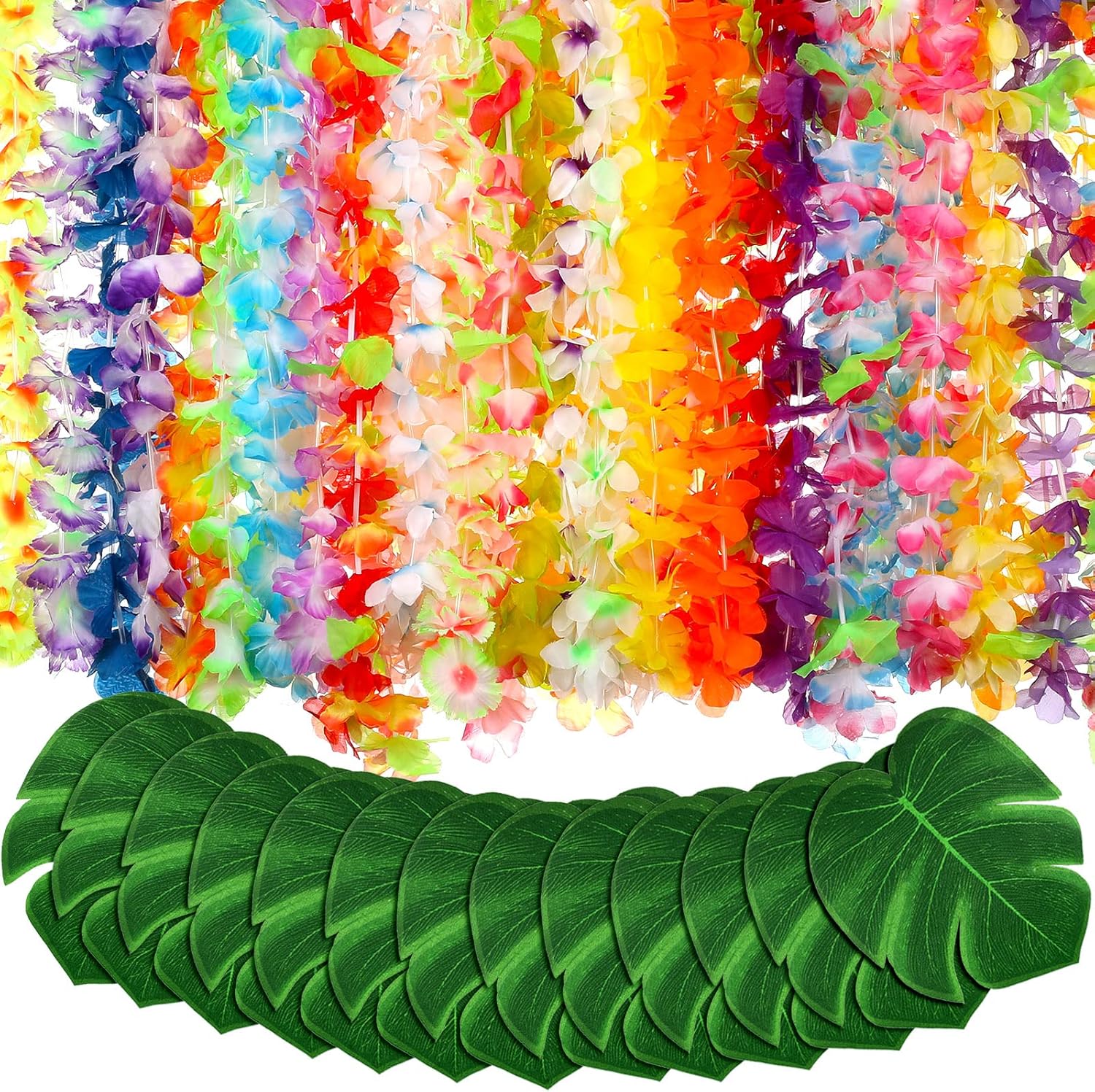 60 Pcs Hawaiian Leis and Artificial Palm Leaves Set Bulk
