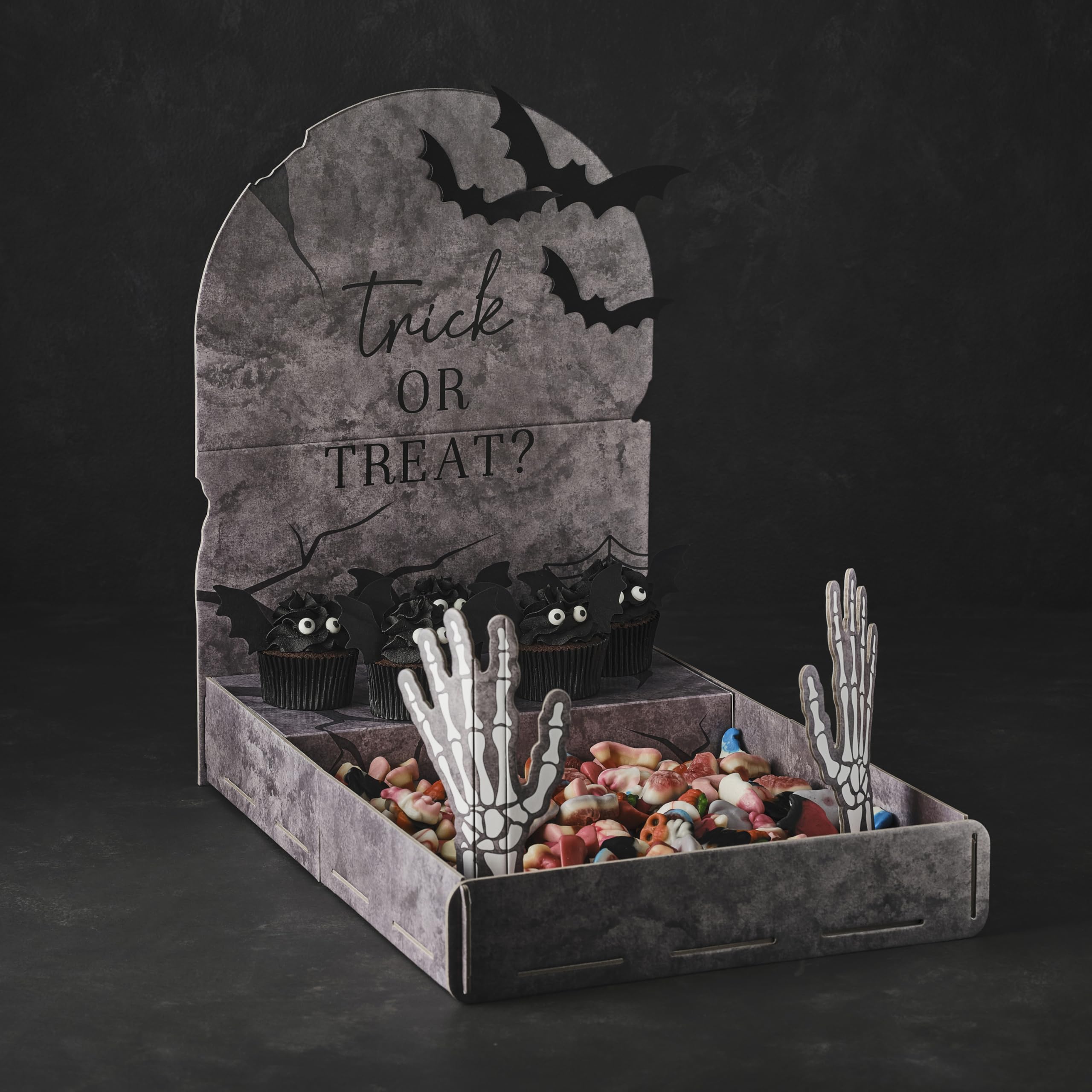 Halloween Table Decoration – Grey Tombstone Treat Stand with Skeleton Hands, Card Centrepiece
