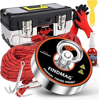 FINDMAG Fishing Magnet Kit, Heavy Duty Magnets for Magnet Fishing, 1000lbs Pulling Force, Including a 20 Meter Rope, a Carry Case, Gloves, a Grappling Hook, a Yellow Scraper, Gift-Ready Set, 3.54" D