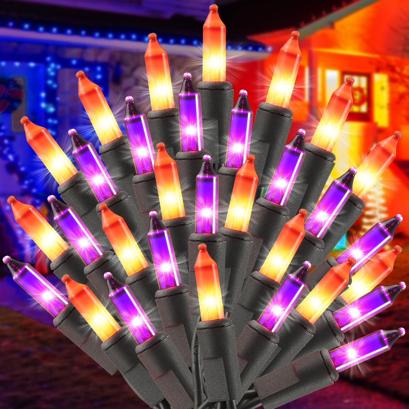 Halloween Decorations Purple Orange Halloween String Lights Plug in, 21FT 100 Count Mini Incandescent Halloween Lights with Black Cord, Indoor Outdoor Spooky Tree Lights for Mantle Porch Yard Decor